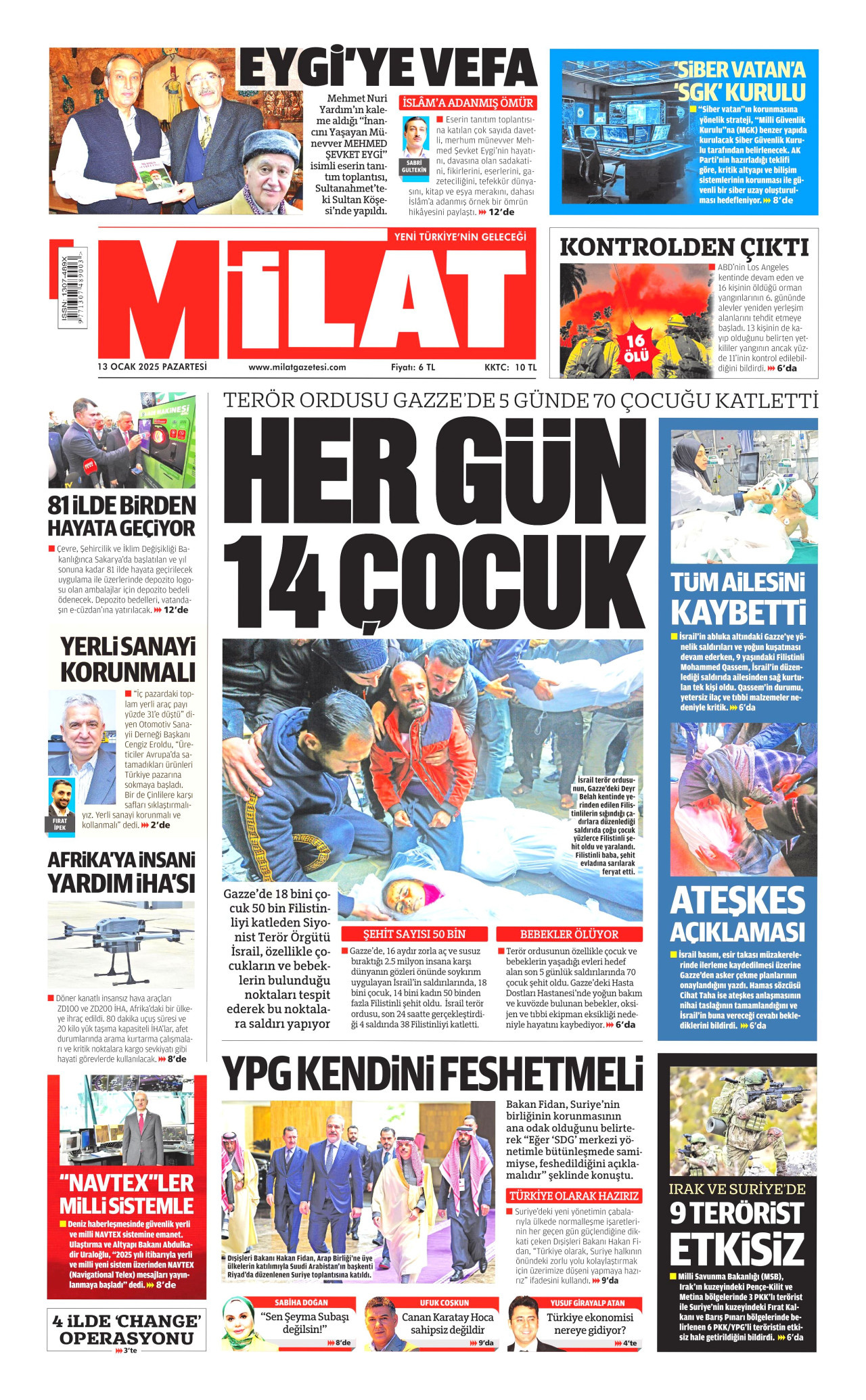 MİLAT gazetesinin 13 Ocak 2025 tarihli birinci sayfası