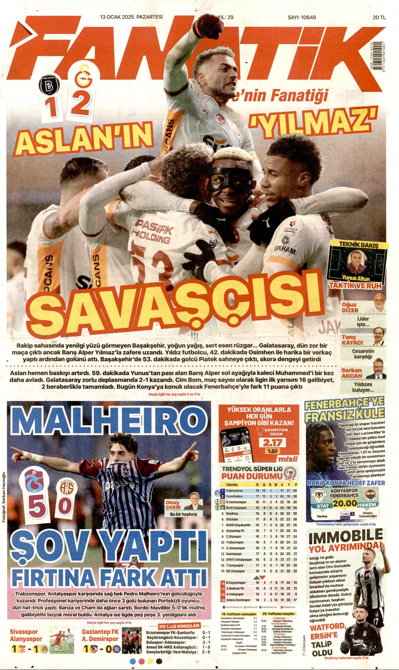 FANATİK gazetesinin 13 Ocak 2025 tarihli birinci sayfası