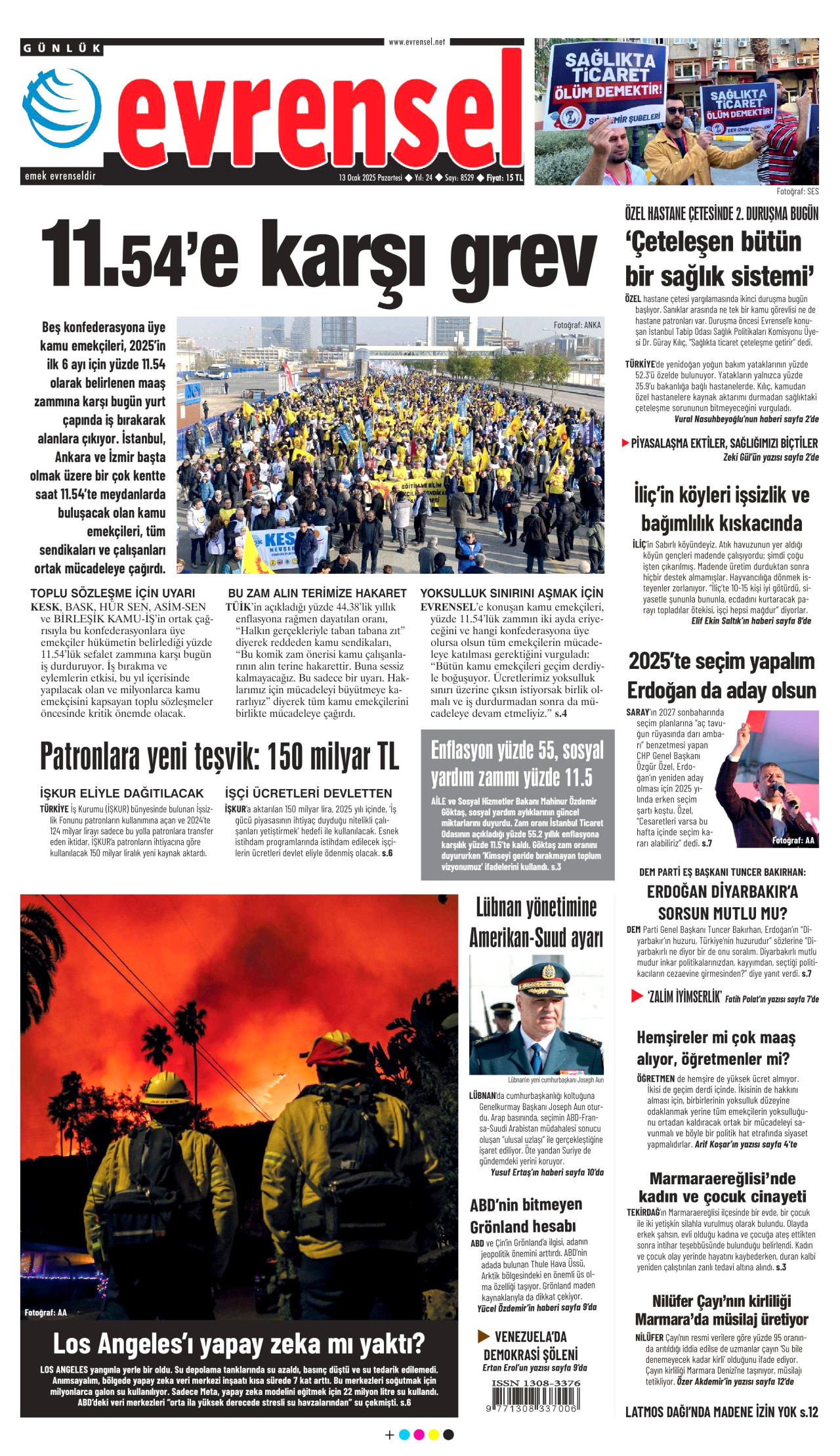 EVRENSEL gazetesinin 13 Ocak 2025 tarihli birinci sayfası