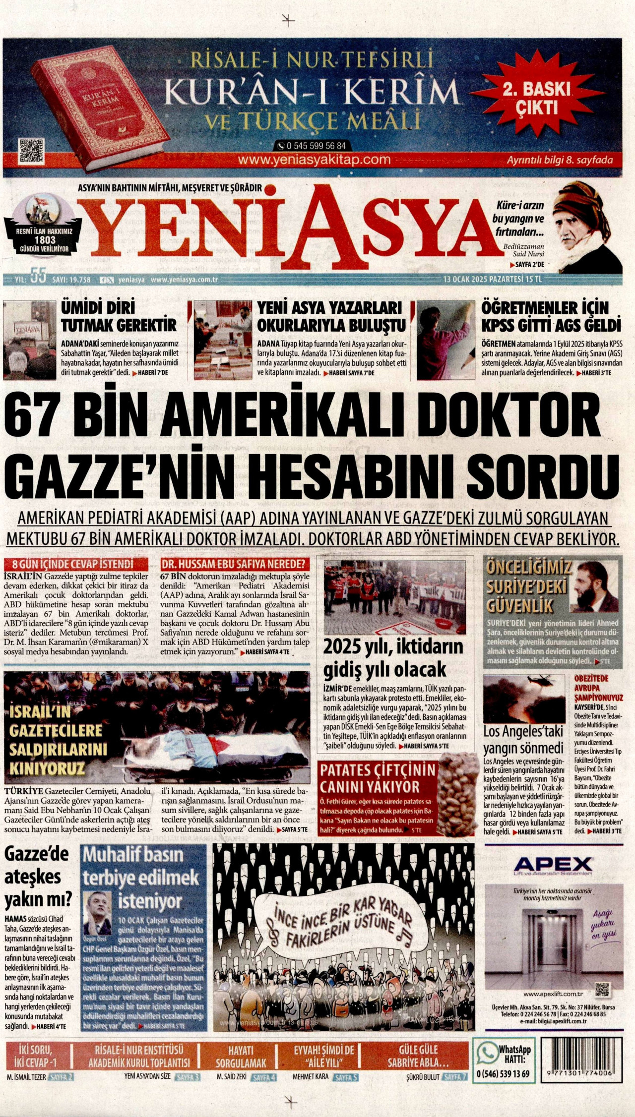 YENİ ASYA gazetesinin 13 Ocak 2025 tarihli birinci sayfası