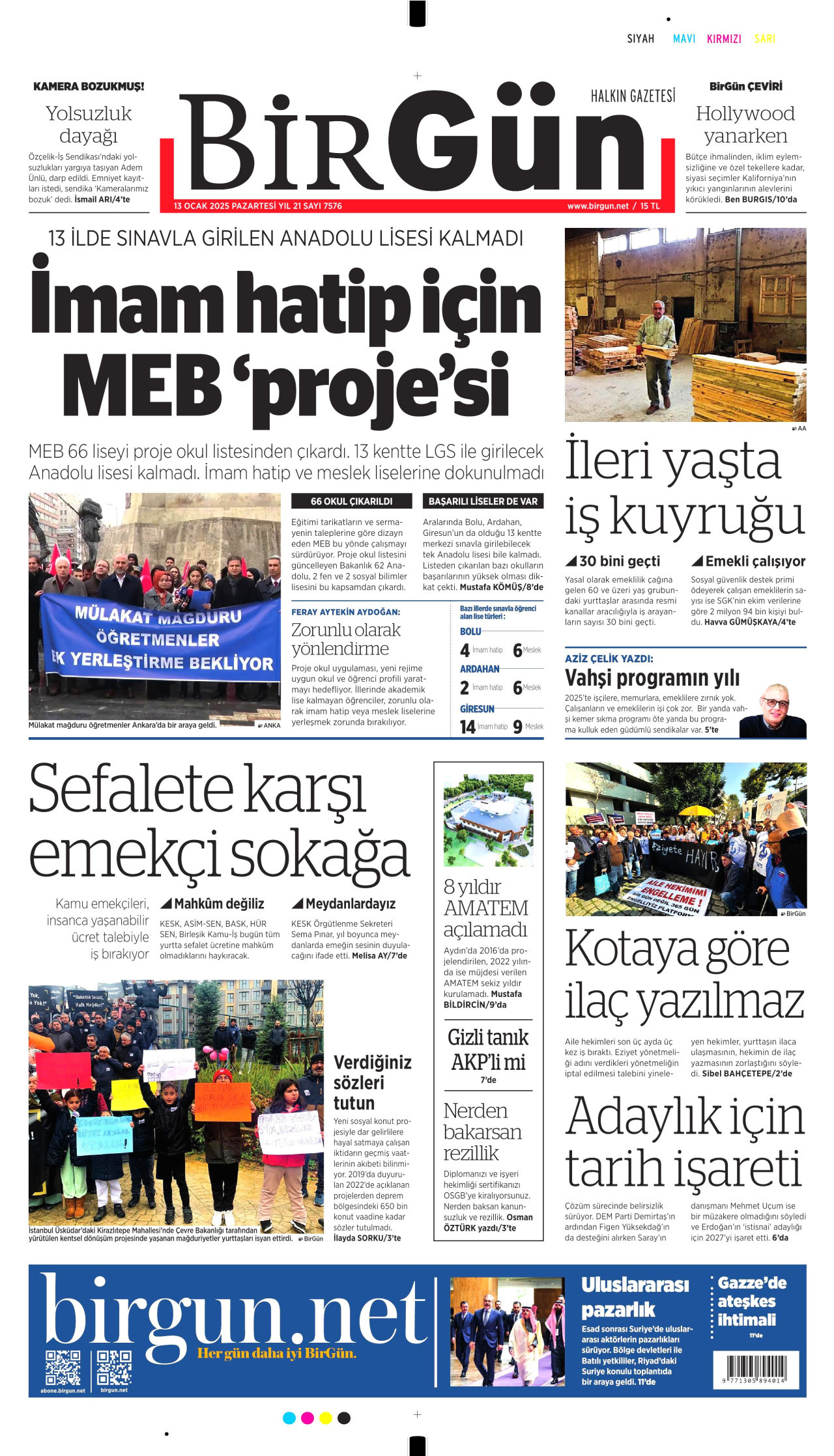 BİRGÜN gazetesinin 13 Ocak 2025 tarihli birinci sayfası