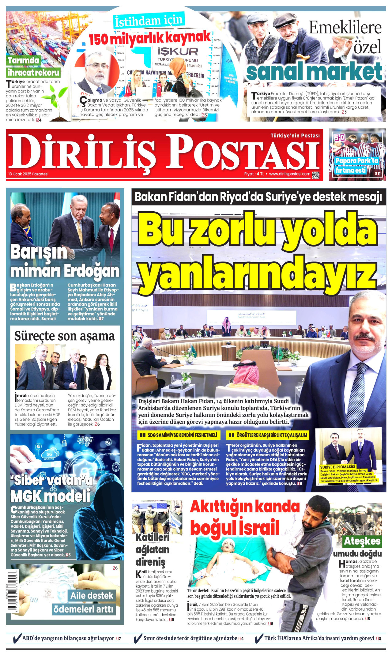 DİRİLİŞ POSTASI gazetesinin 13 Ocak 2025 tarihli birinci sayfası
