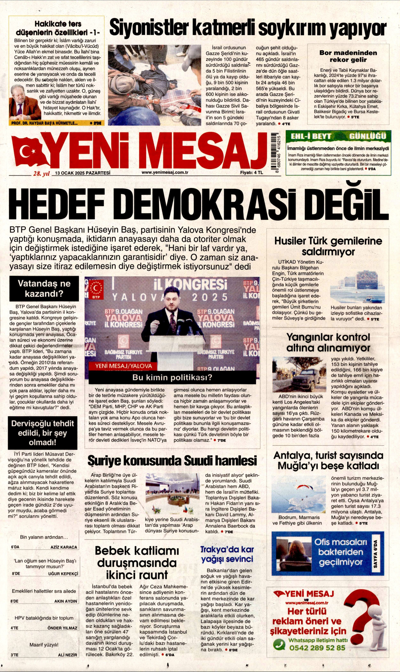 YENİ MESAJ gazetesinin 13 Ocak 2025 tarihli birinci sayfası