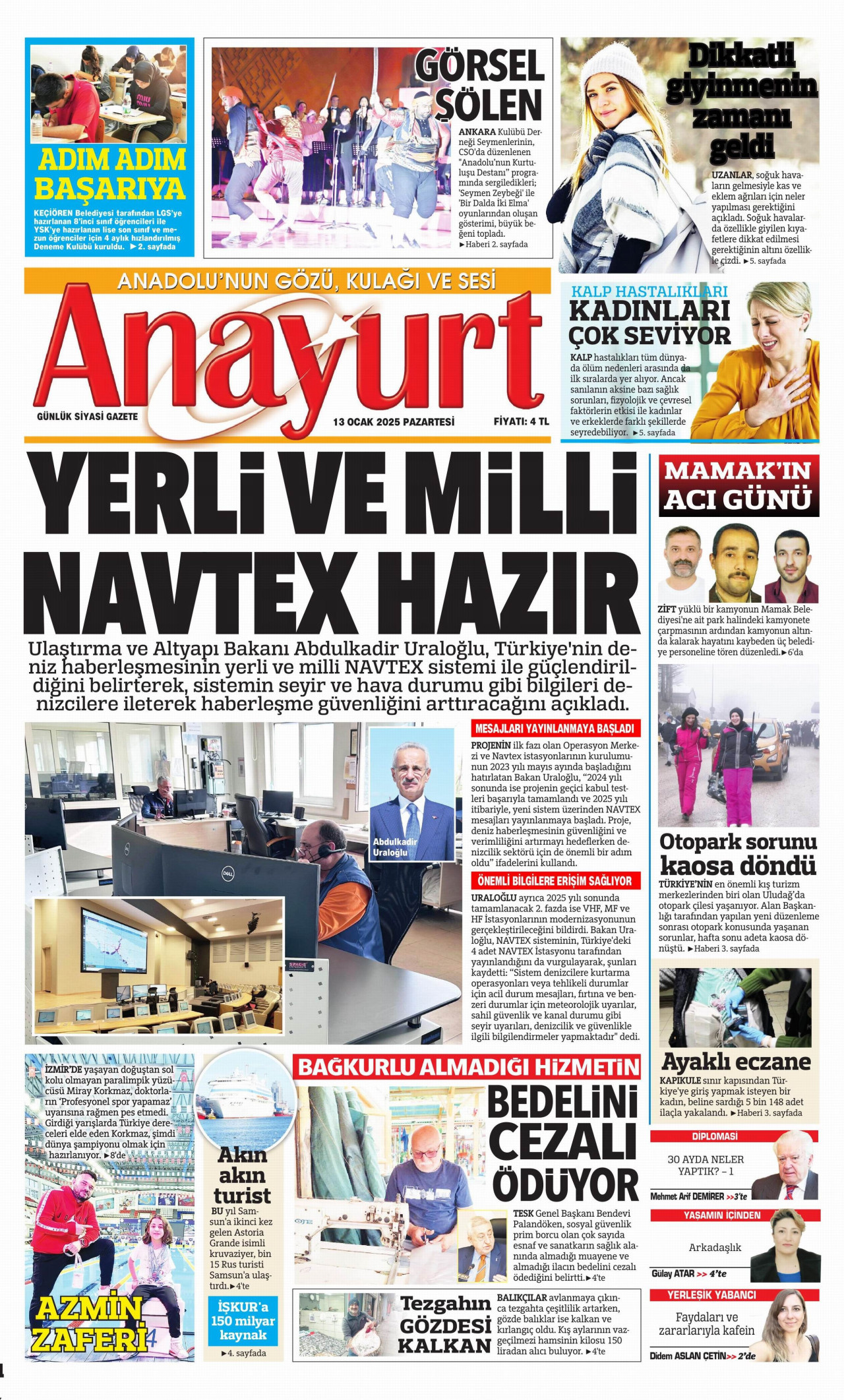 ANAYURT gazetesinin 13 Ocak 2025 tarihli birinci sayfası