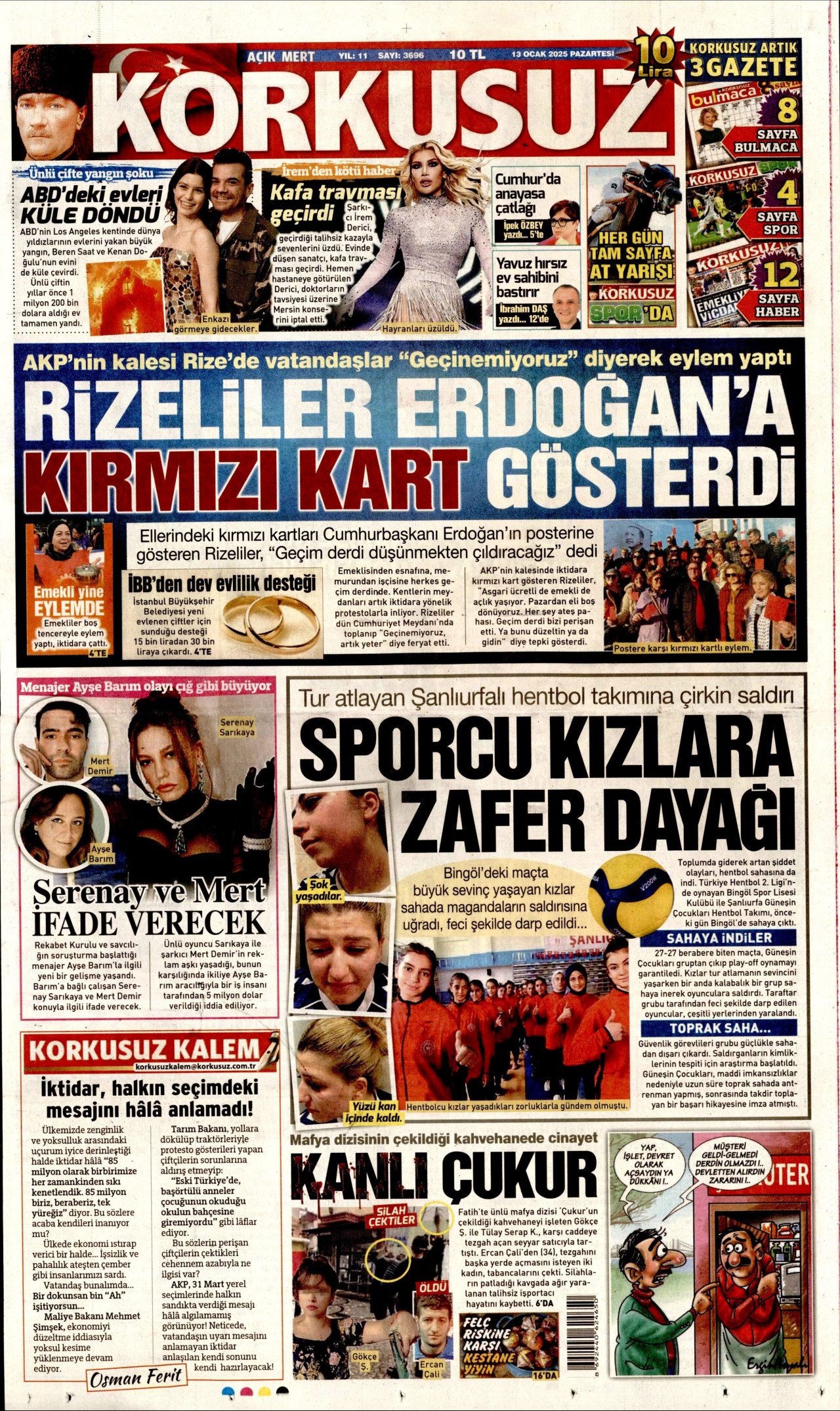 KORKUSUZ gazetesinin 13 Ocak 2025 tarihli birinci sayfası