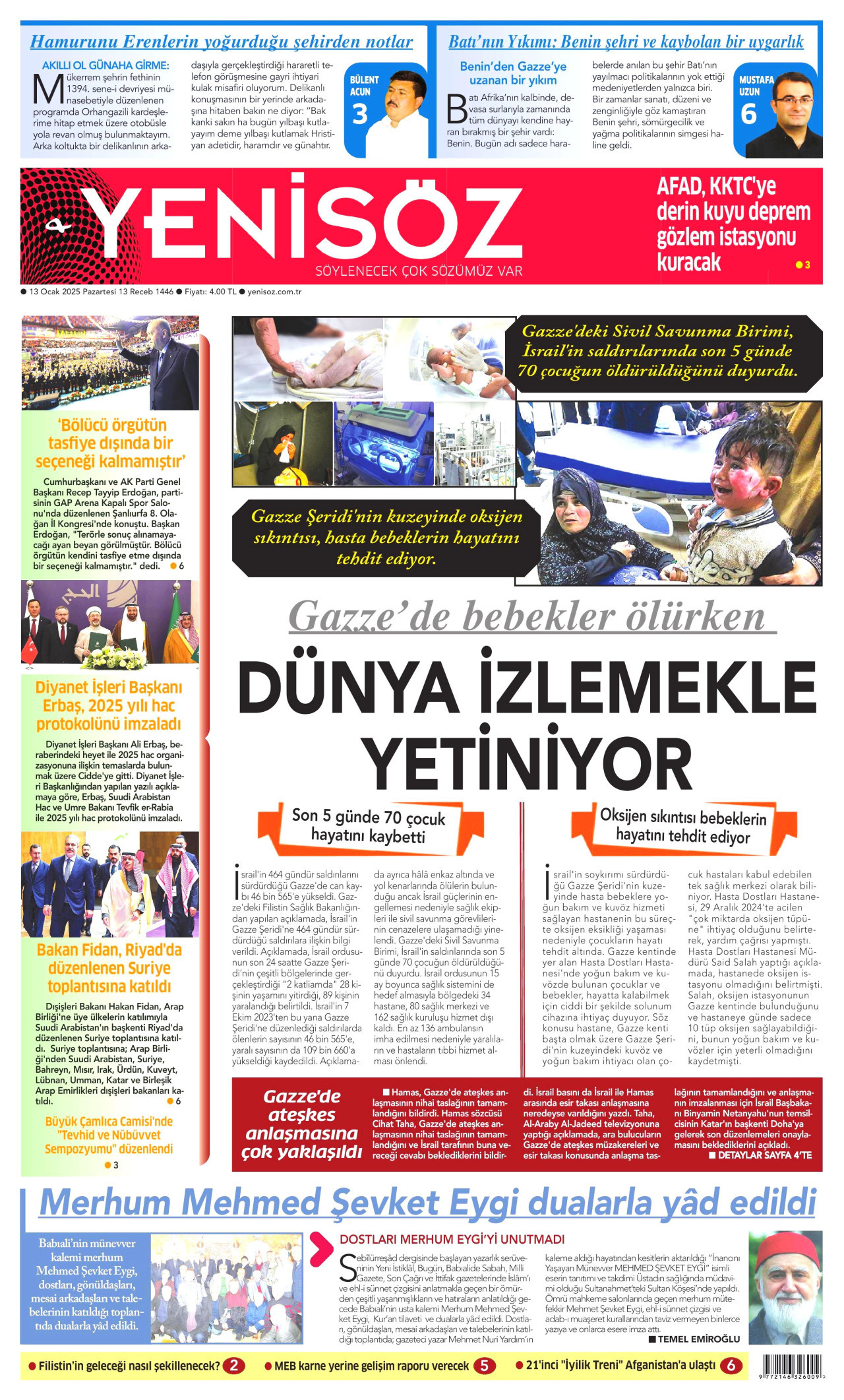 YENİ SÖZ GAZETESİ gazetesinin 13 Ocak 2025 tarihli birinci sayfası