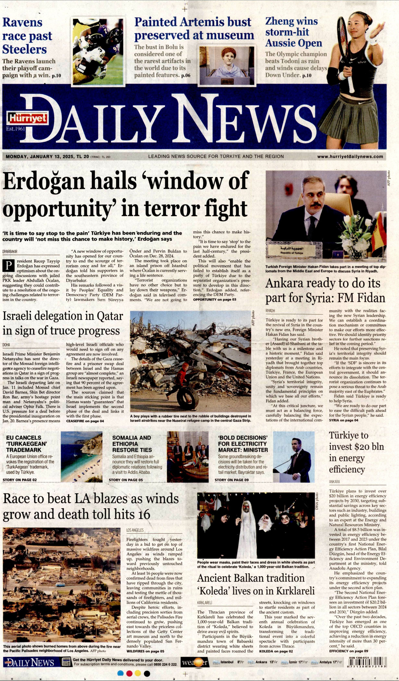 HÜRRİYET DAİLY NEWS gazetesinin 13 Ocak 2025 tarihli birinci sayfası