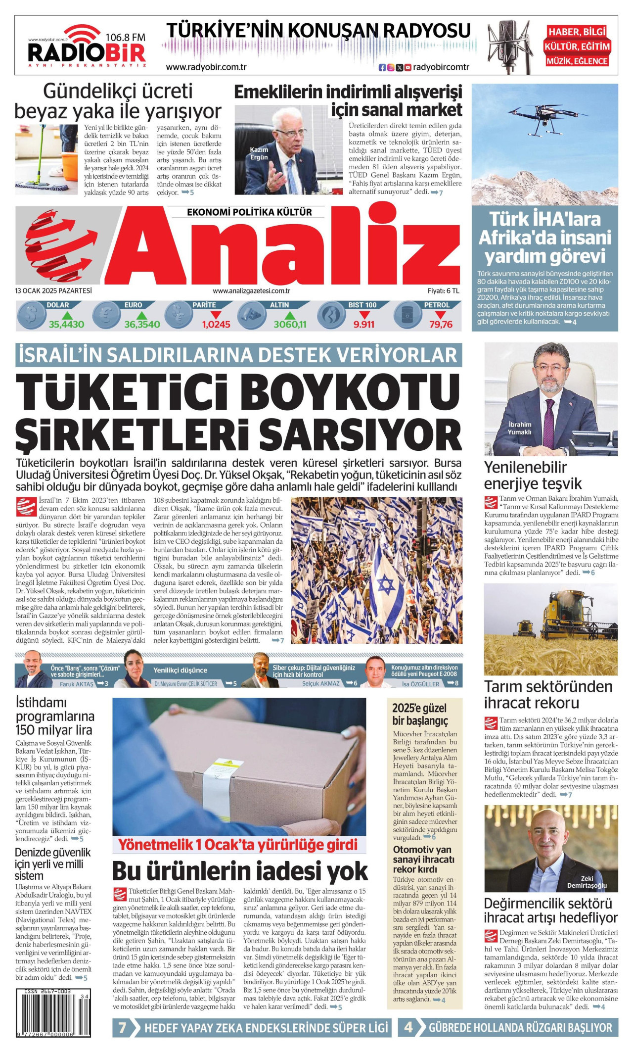 ANALİZ gazetesinin 13 Ocak 2025 tarihli birinci sayfası