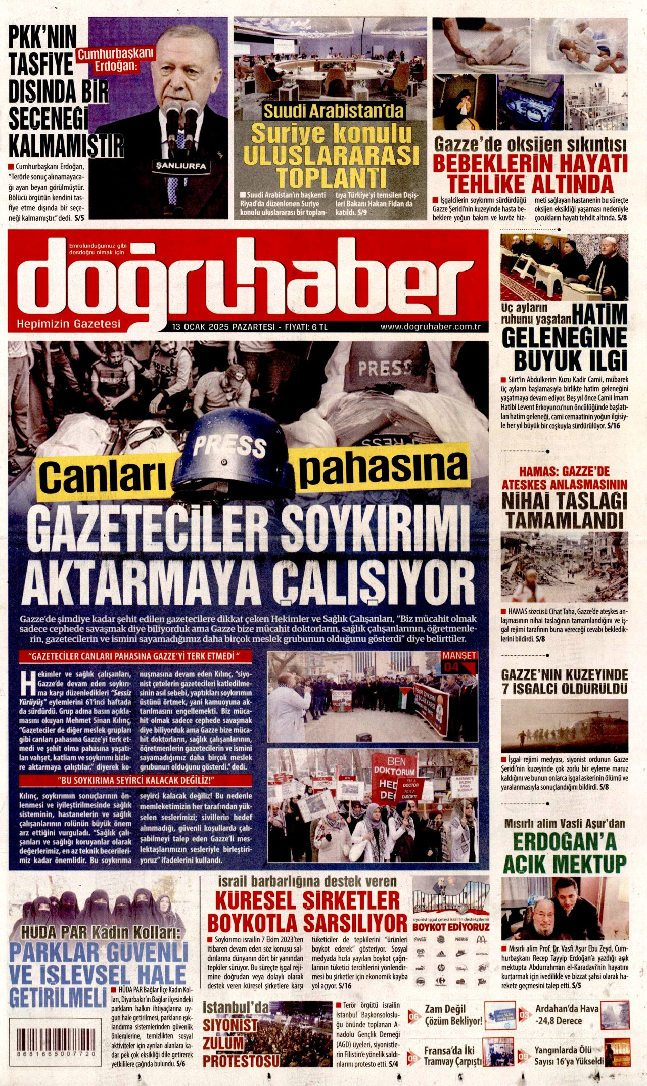 DOĞRU HABER gazetesinin 13 Ocak 2025 tarihli birinci sayfası