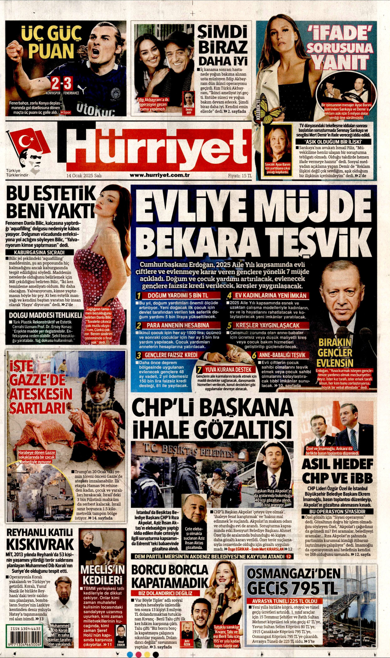 HÜRRİYET gazetesinin 14 Ocak 2025 tarihli birinci sayfası
