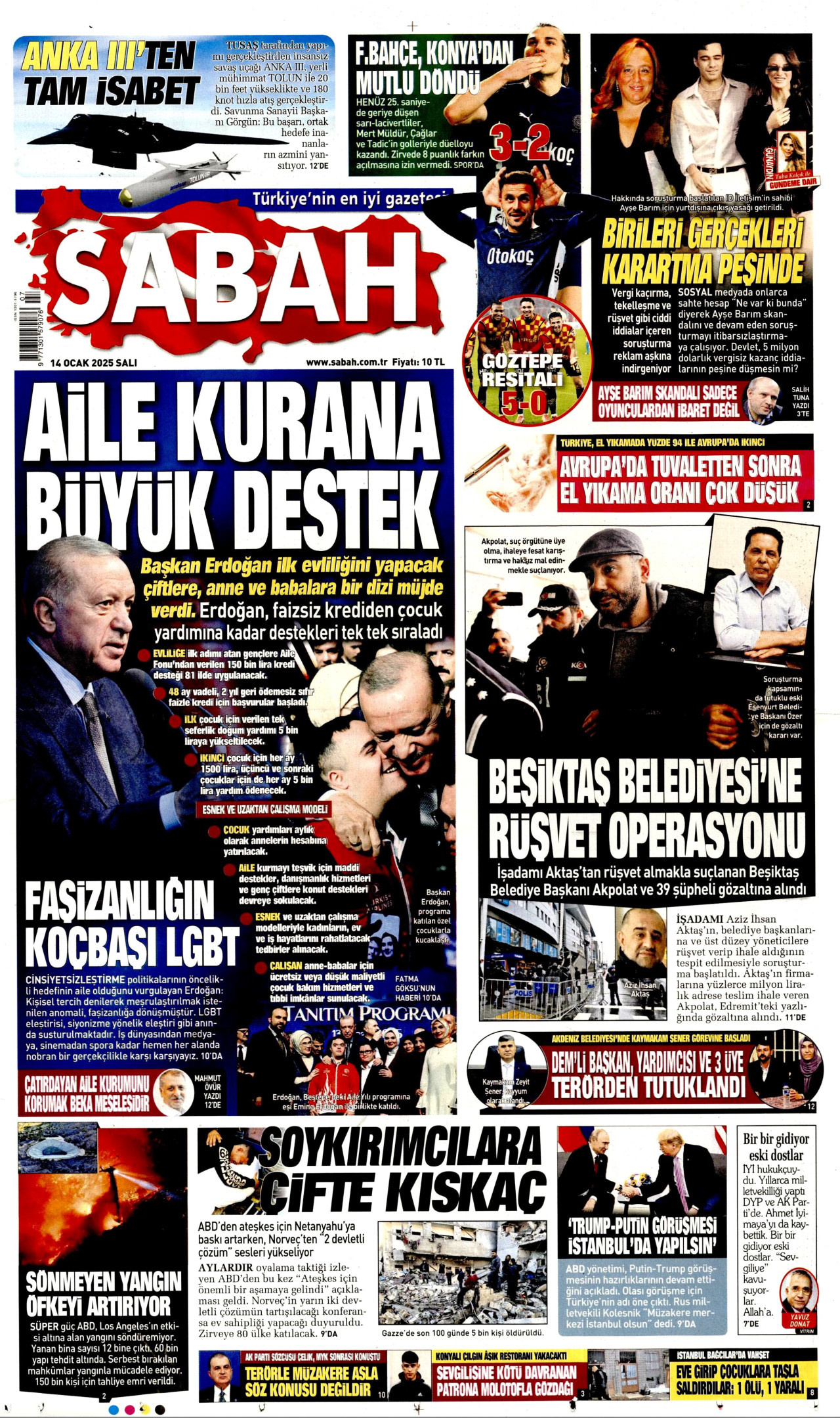 SABAH gazetesinin 14 Ocak 2025 tarihli birinci sayfası