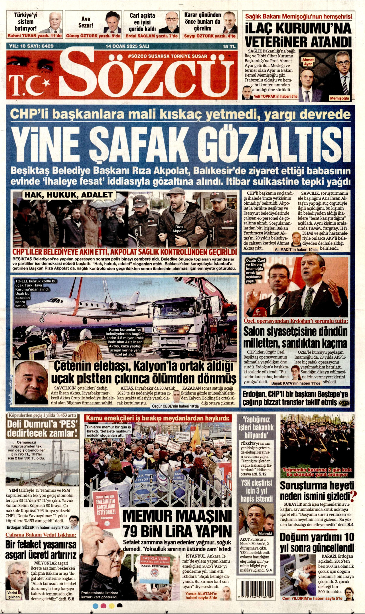 SÖZCÜ gazetesinin 14 Ocak 2025 tarihli birinci sayfası