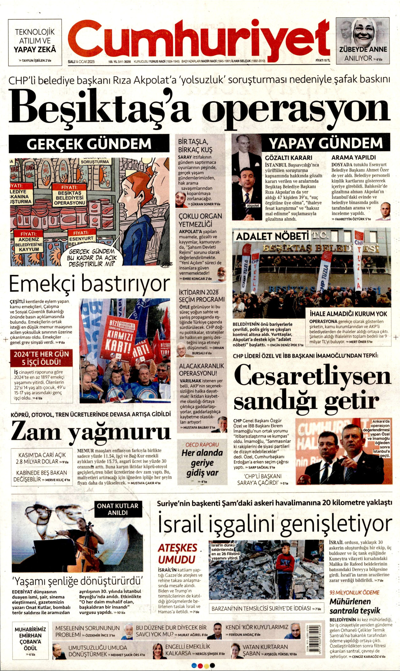 CUMHURİYET gazetesinin 14 Ocak 2025 tarihli birinci sayfası