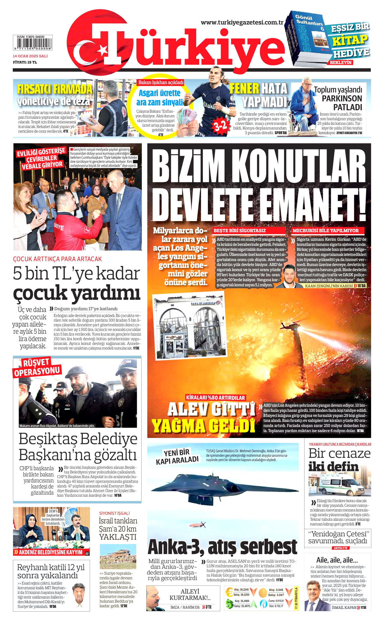 TÜRKİYE GAZETESİ gazetesinin 14 Ocak 2025 tarihli birinci sayfası