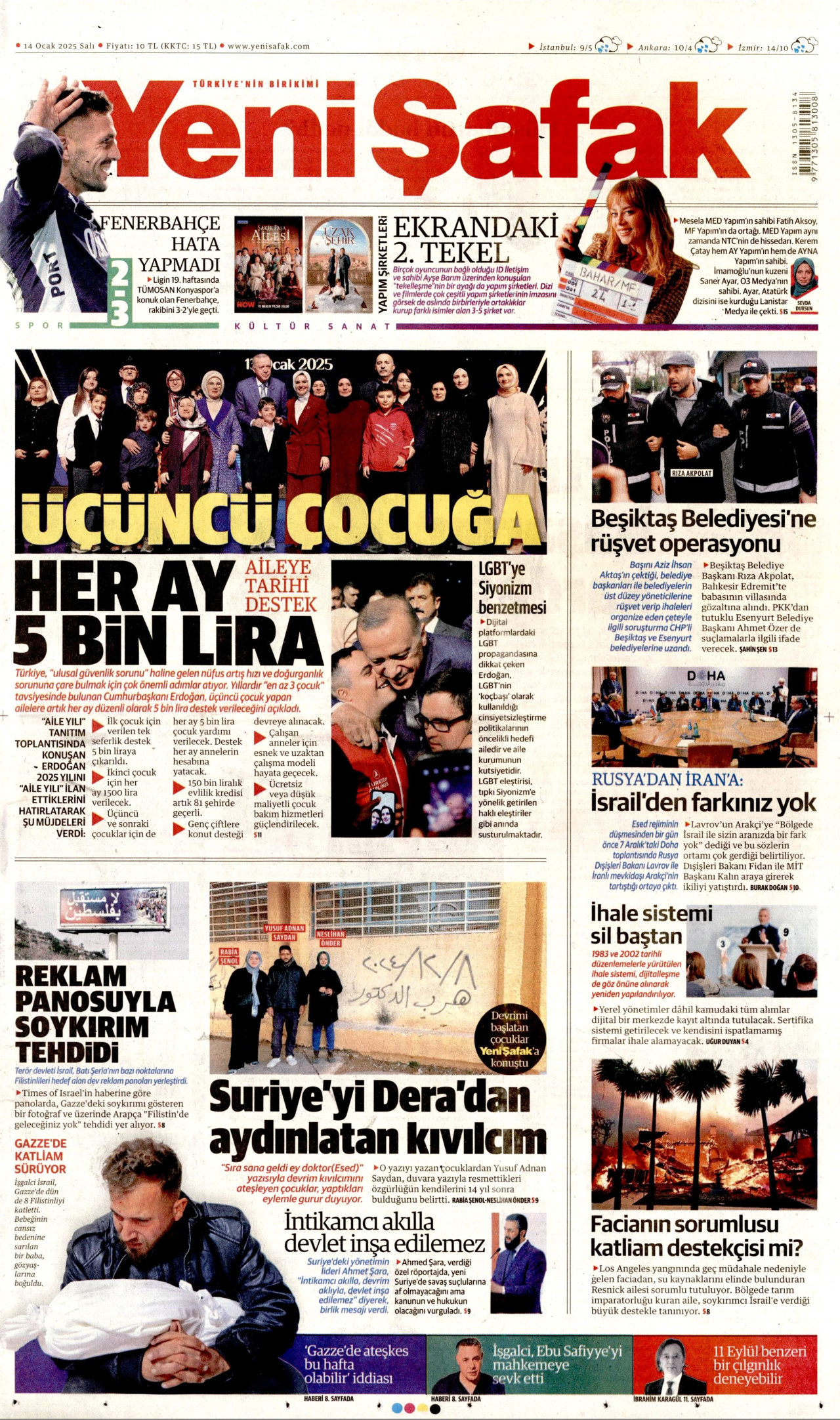 YENİ ŞAFAK gazetesinin 14 Ocak 2025 tarihli birinci sayfası