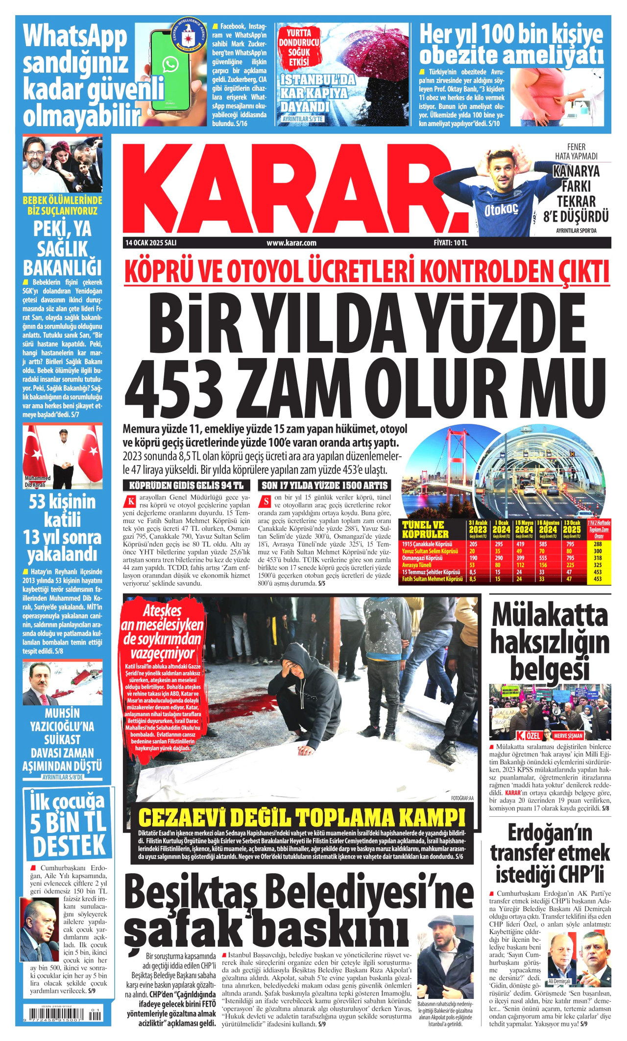 KARAR gazetesinin 14 Ocak 2025 tarihli birinci sayfası