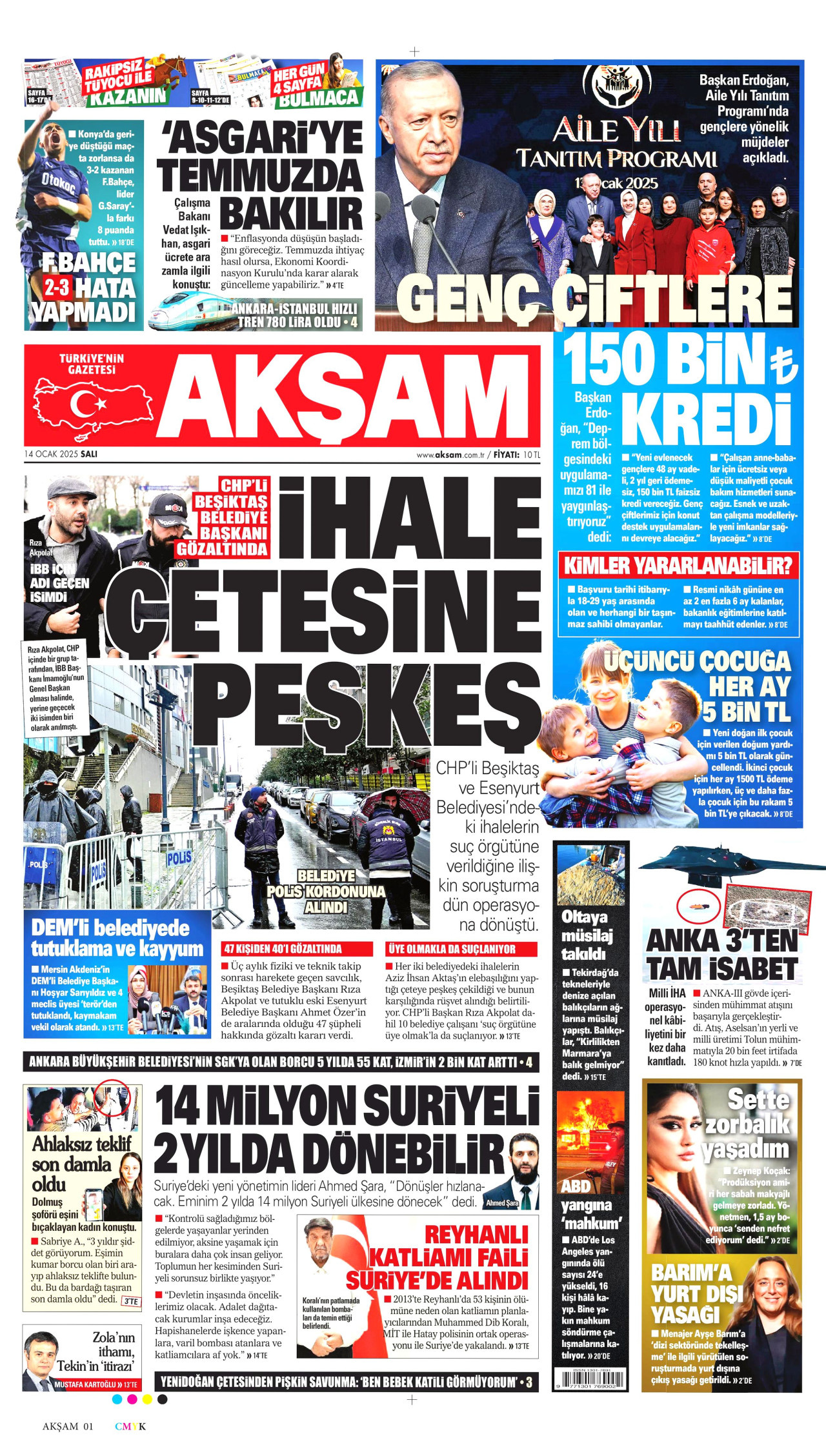 AKŞAM gazetesinin 14 Ocak 2025 tarihli birinci sayfası