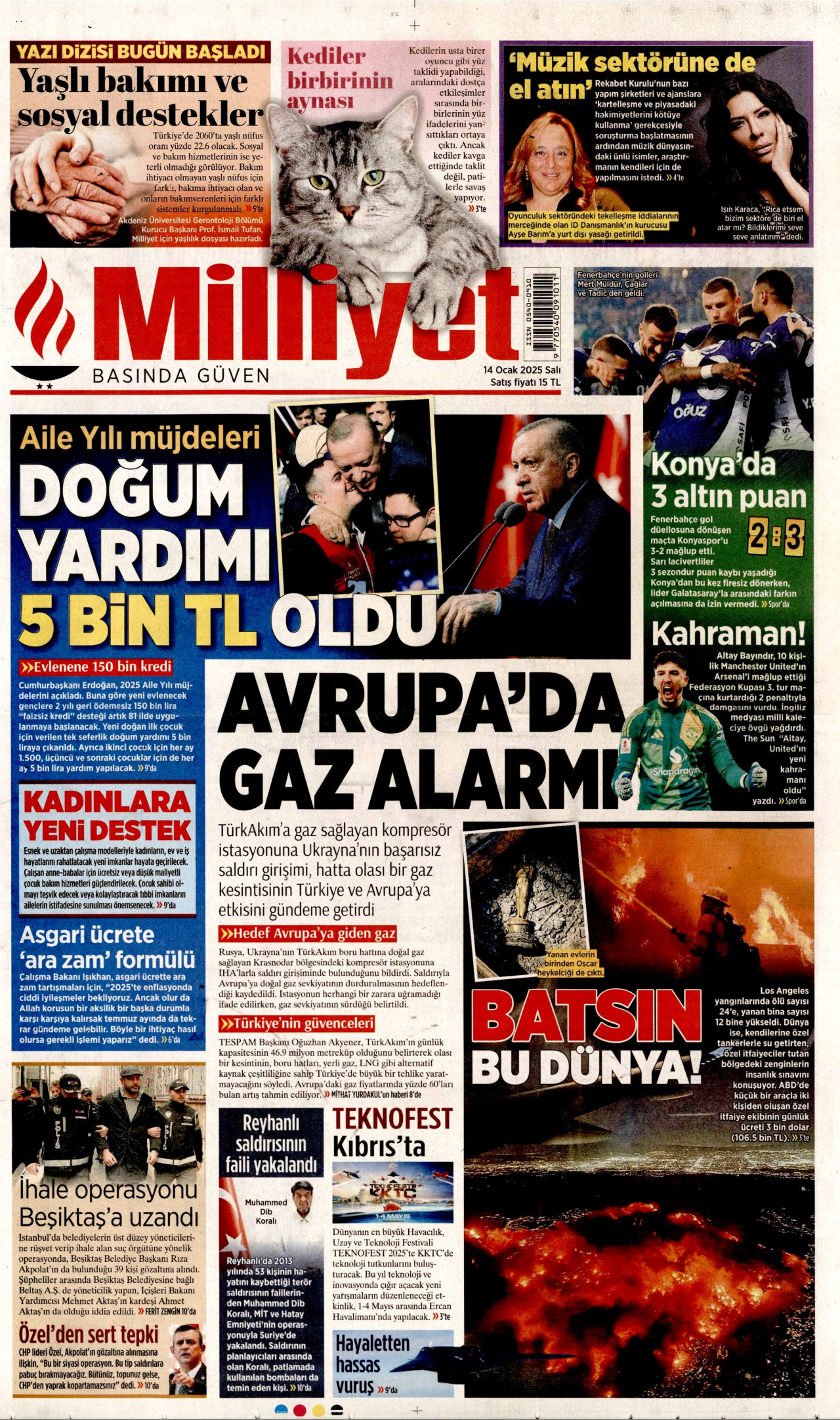 MİLLİYET gazetesinin 14 Ocak 2025 tarihli birinci sayfası