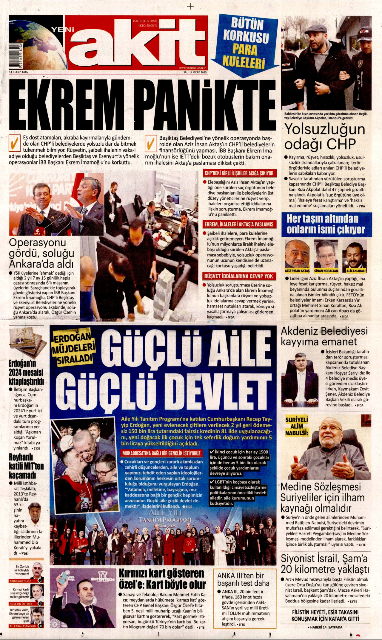 YENİ AKİT gazetesinin 14 Ocak 2025 tarihli birinci sayfası