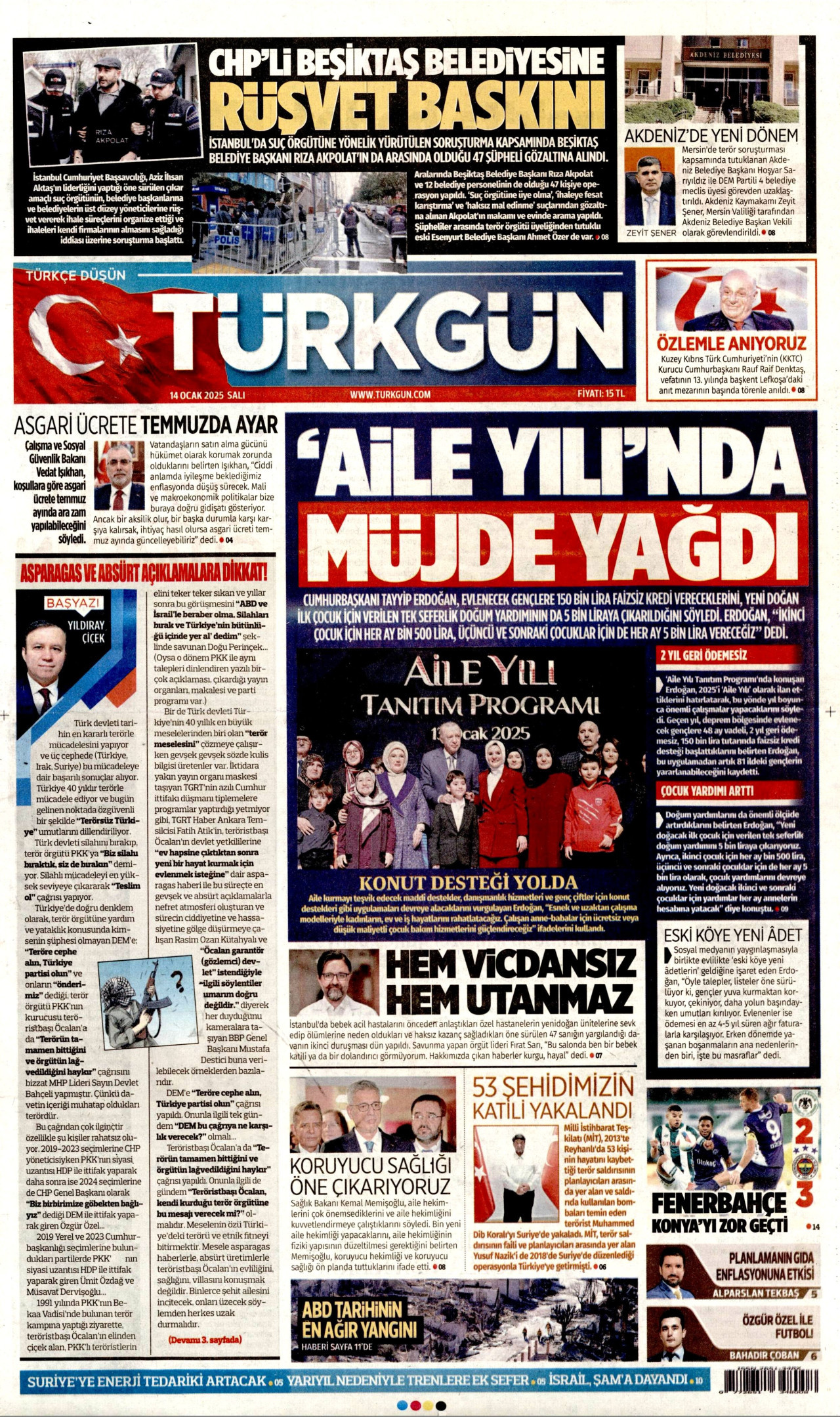 TÜRKGÜN gazetesinin 14 Ocak 2025 tarihli birinci sayfası