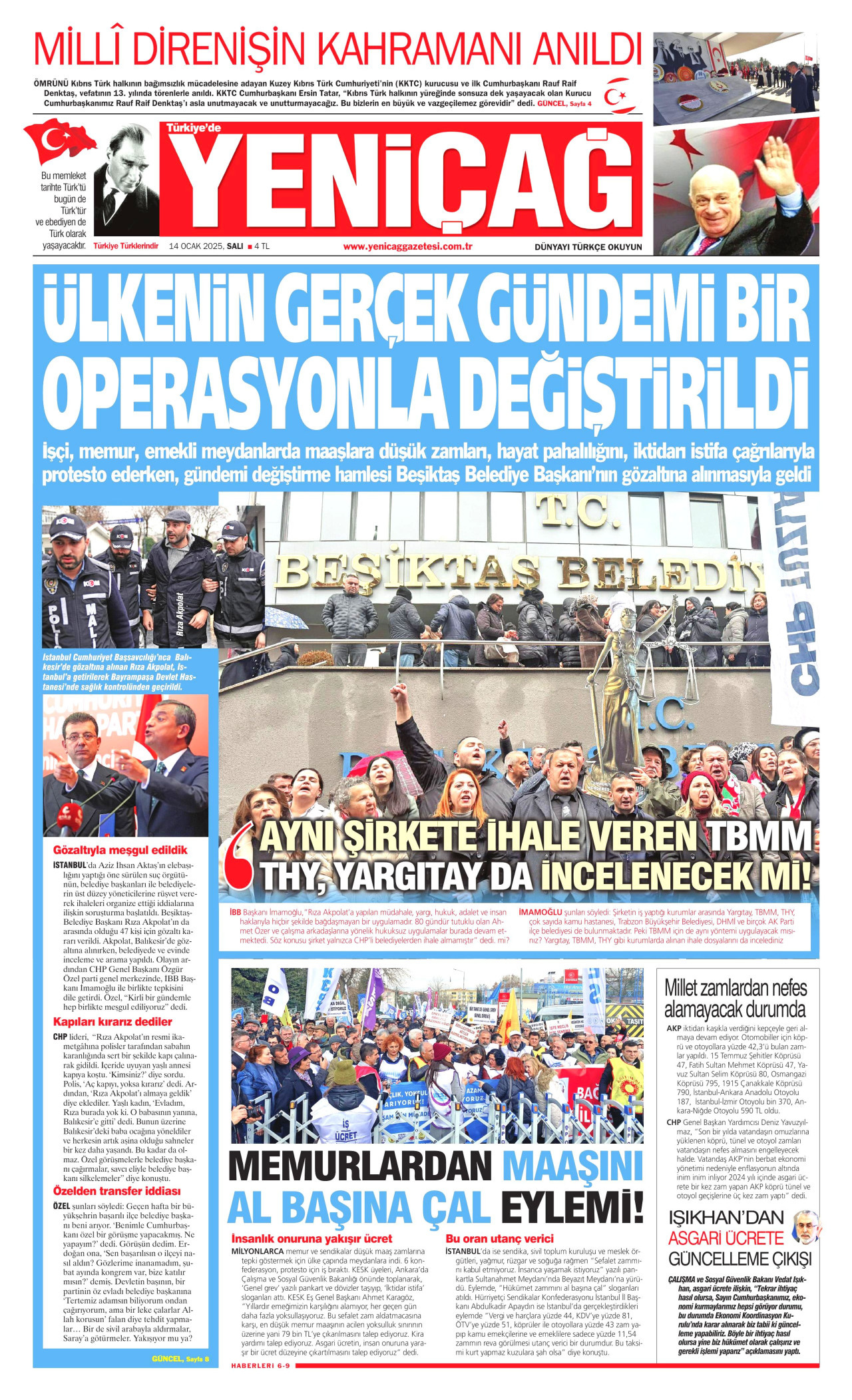 YENİÇAĞ gazetesinin 14 Ocak 2025 tarihli birinci sayfası