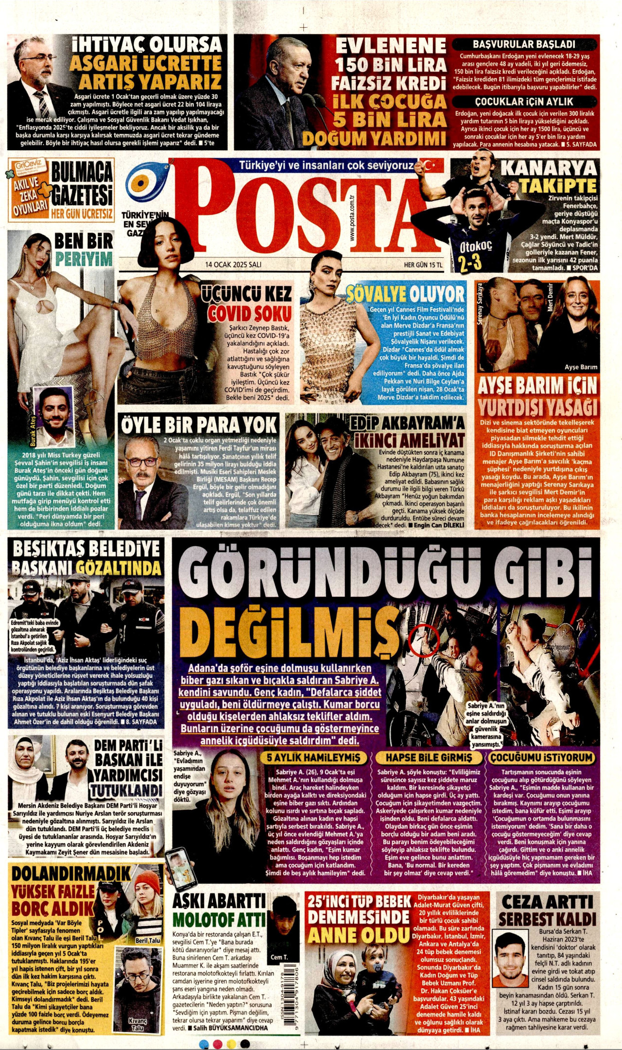 POSTA gazetesinin 14 Ocak 2025 tarihli birinci sayfası