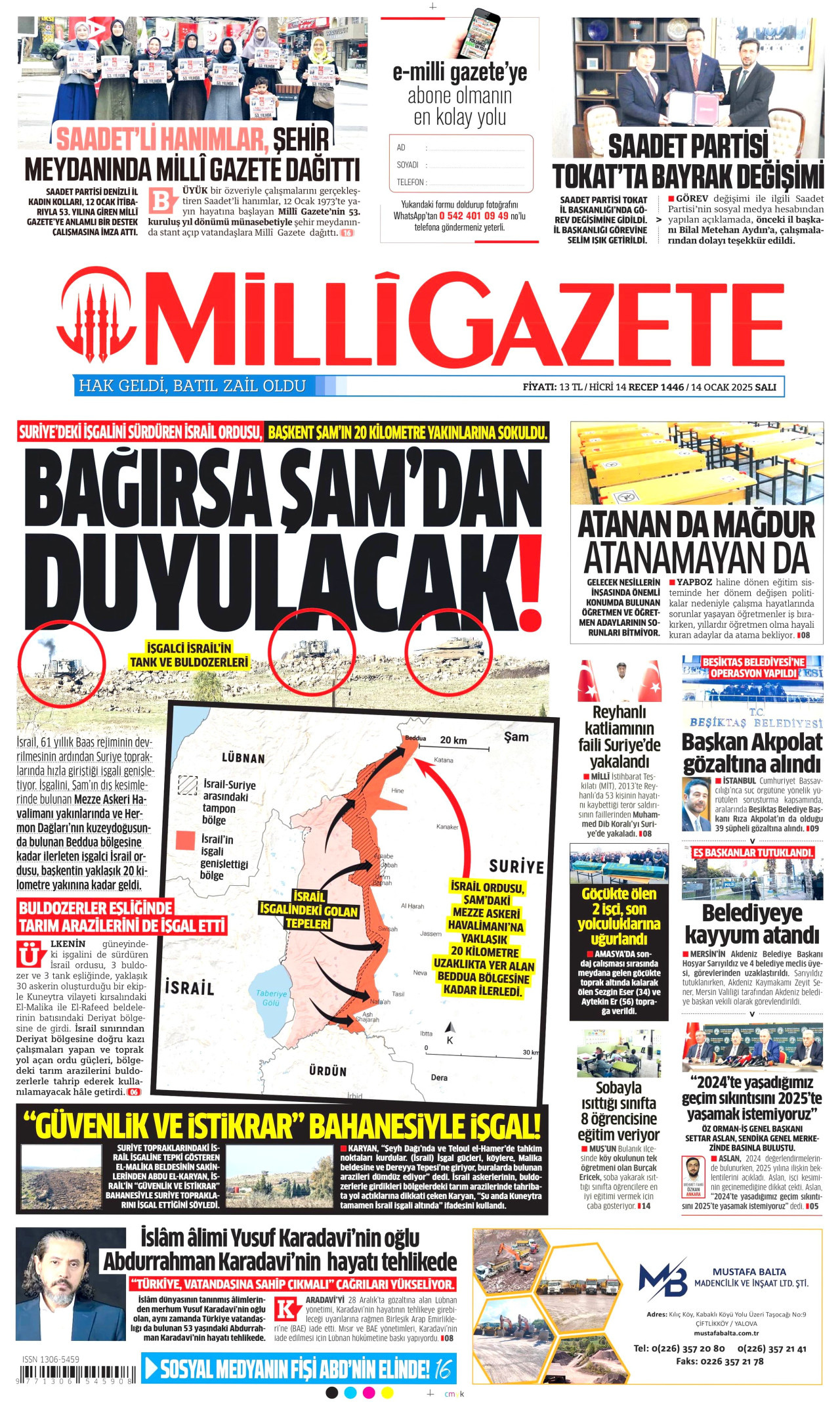 MİLLİ GAZETE gazetesinin 14 Ocak 2025 tarihli birinci sayfası