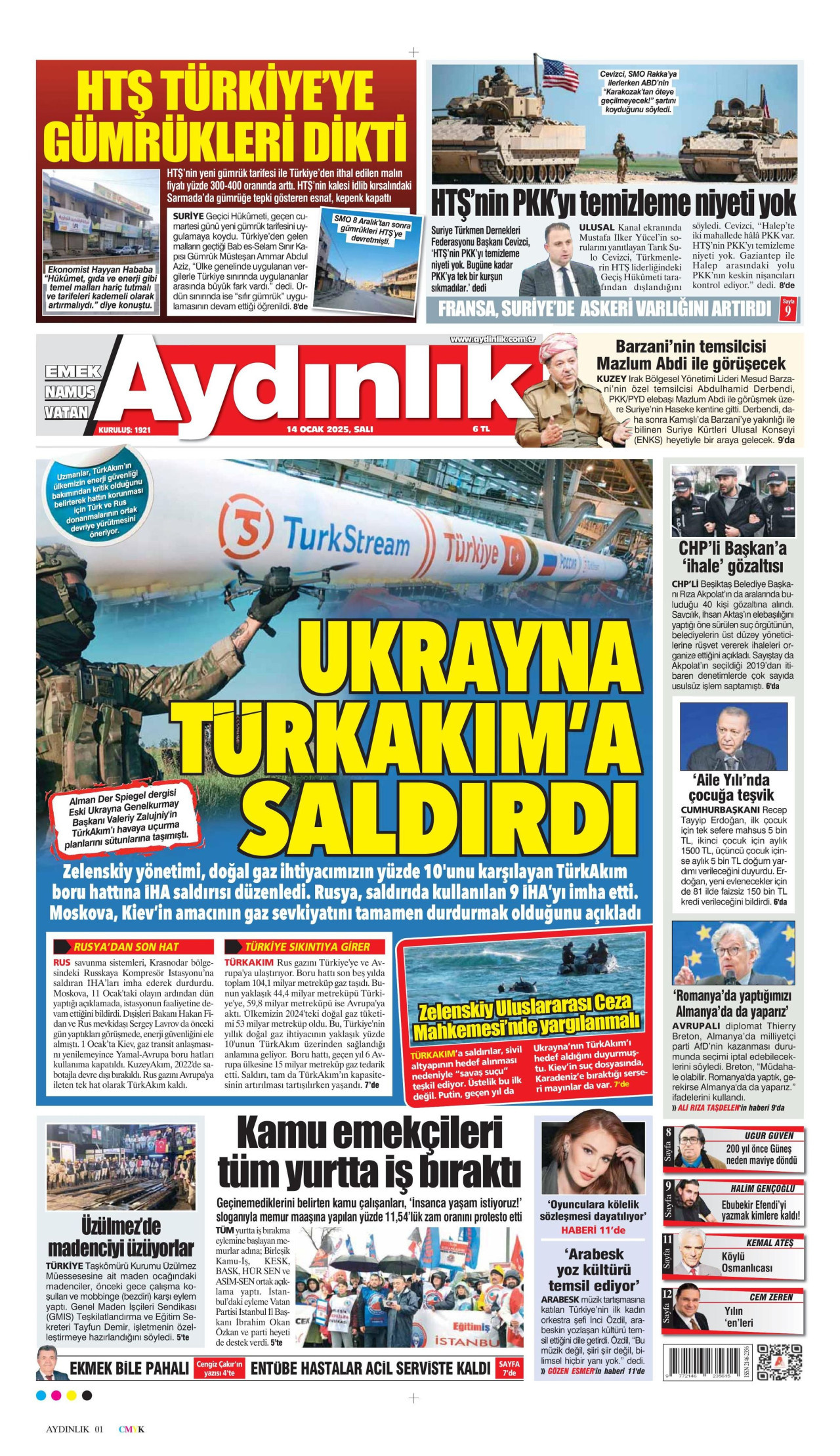 AYDINLIK GAZETESİ gazetesinin 14 Ocak 2025 tarihli birinci sayfası