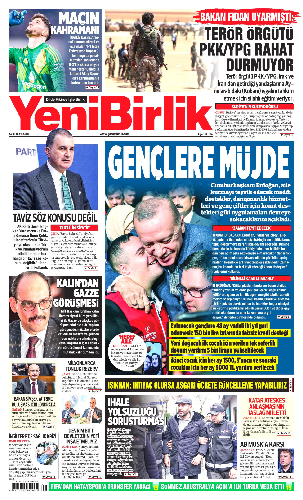 YENİBİRLİK gazetesinin 14 Ocak 2025 tarihli birinci sayfası