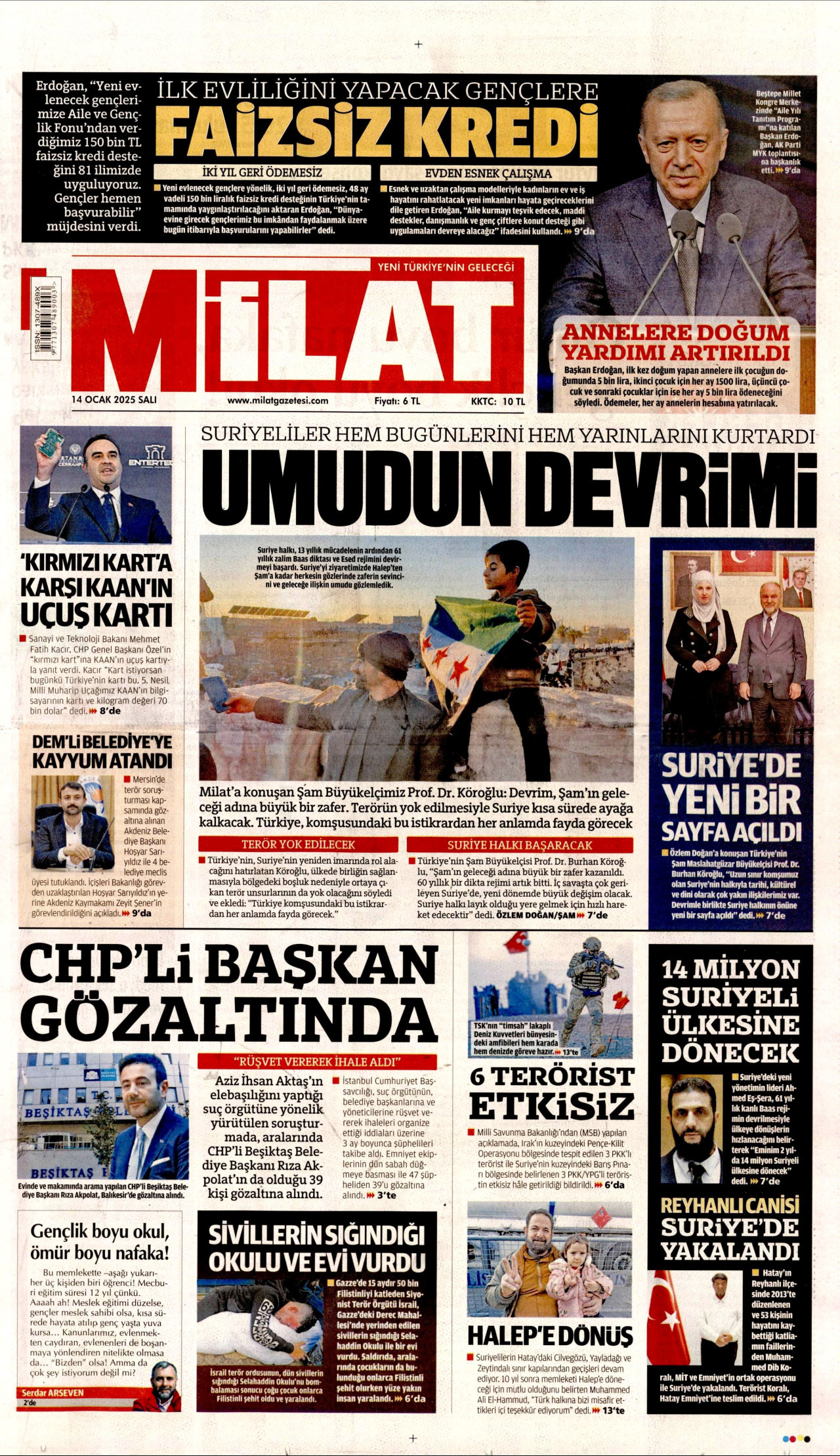 MİLAT gazetesinin 14 Ocak 2025 tarihli birinci sayfası