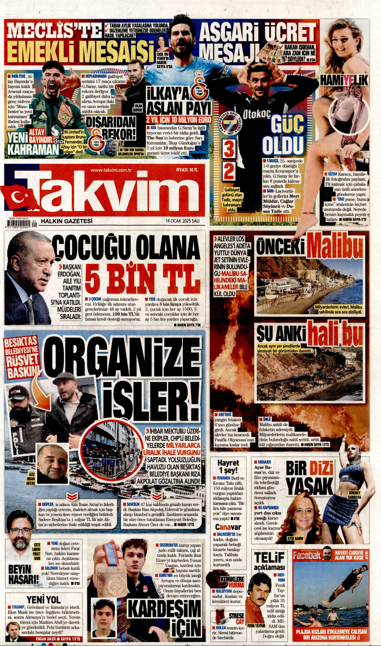 TAKVİM gazetesinin 14 Ocak 2025 tarihli birinci sayfası