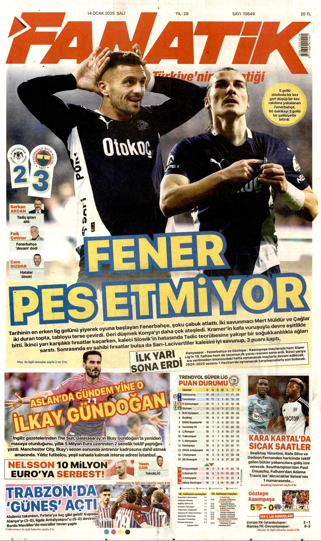 FANATİK gazetesinin 14 Ocak 2025 tarihli birinci sayfası