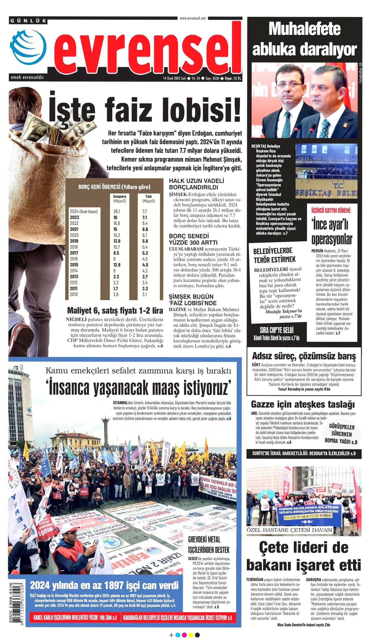 EVRENSEL gazetesinin 14 Ocak 2025 tarihli birinci sayfası