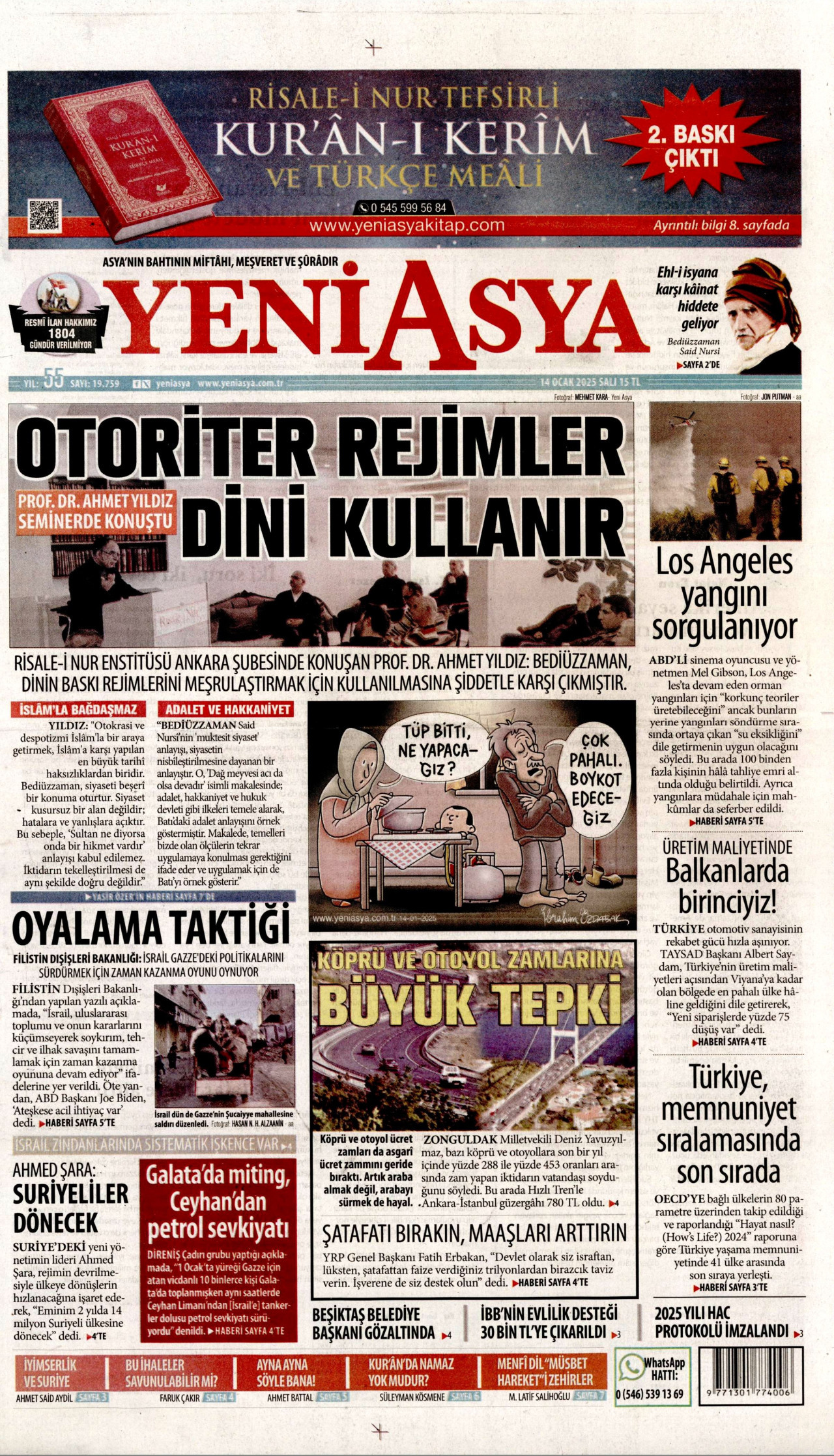 YENİ ASYA gazetesinin 14 Ocak 2025 tarihli birinci sayfası