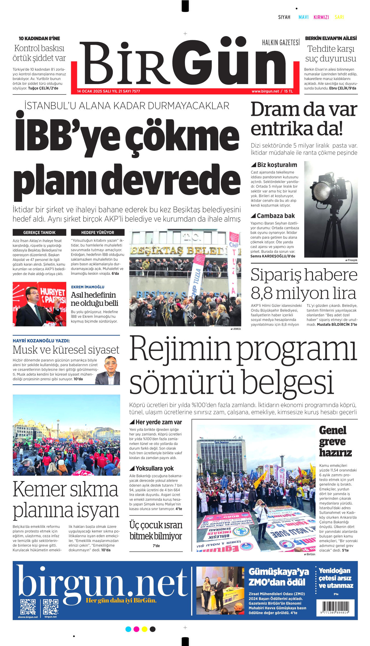 BİRGÜN gazetesinin 14 Ocak 2025 tarihli birinci sayfası