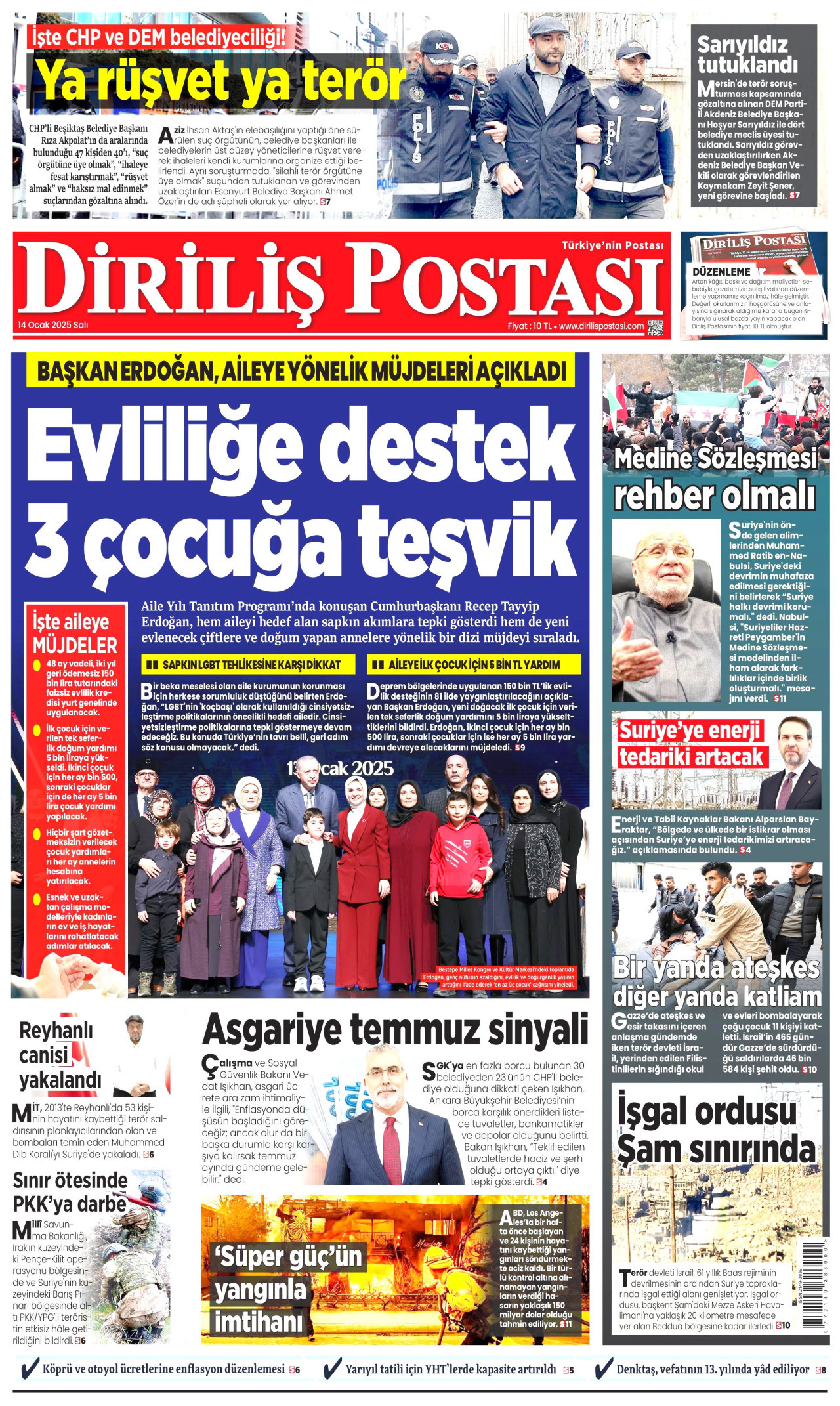 DİRİLİŞ POSTASI gazetesinin 14 Ocak 2025 tarihli birinci sayfası