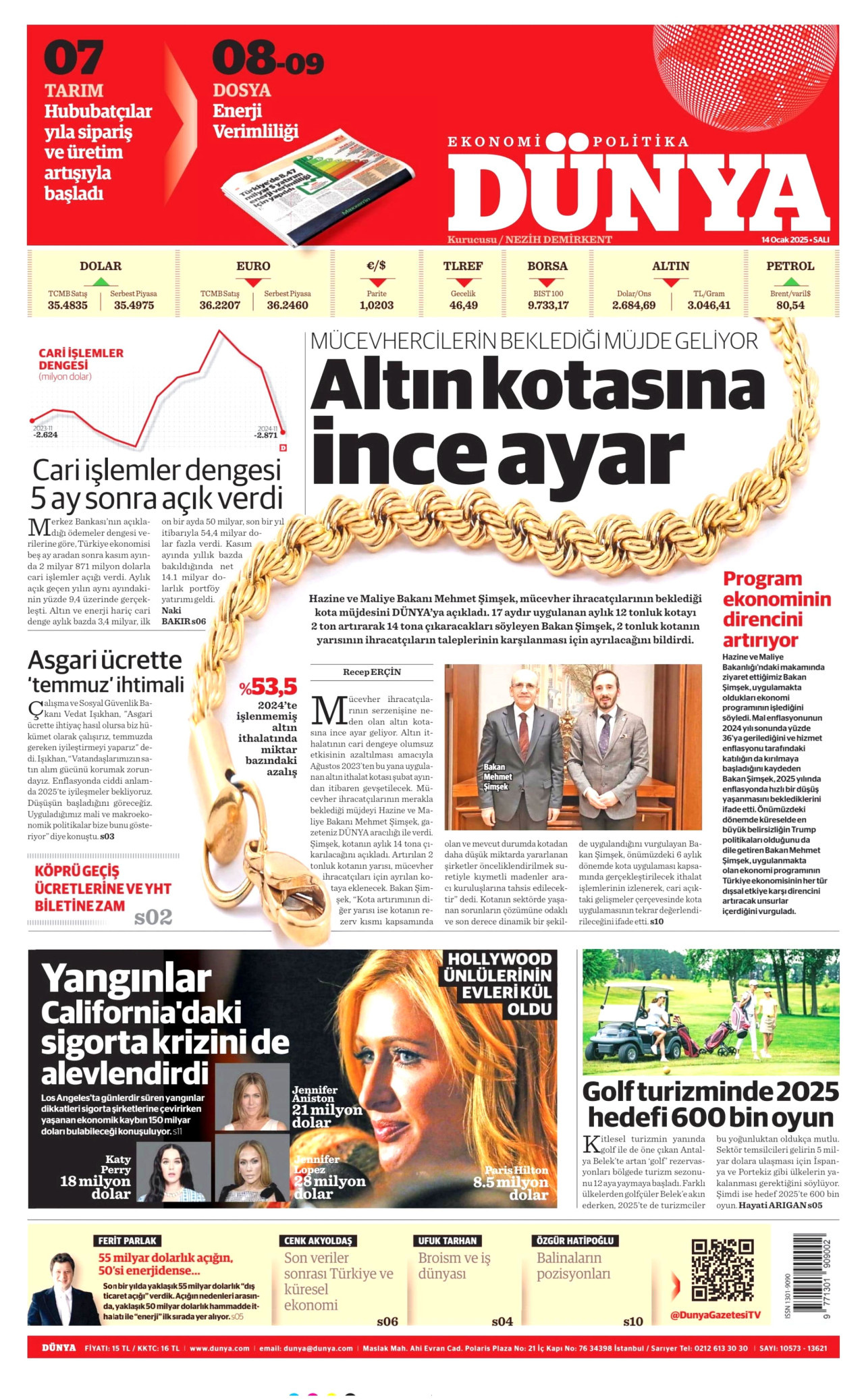 DÜNYA gazetesinin 14 Ocak 2025 tarihli birinci sayfası