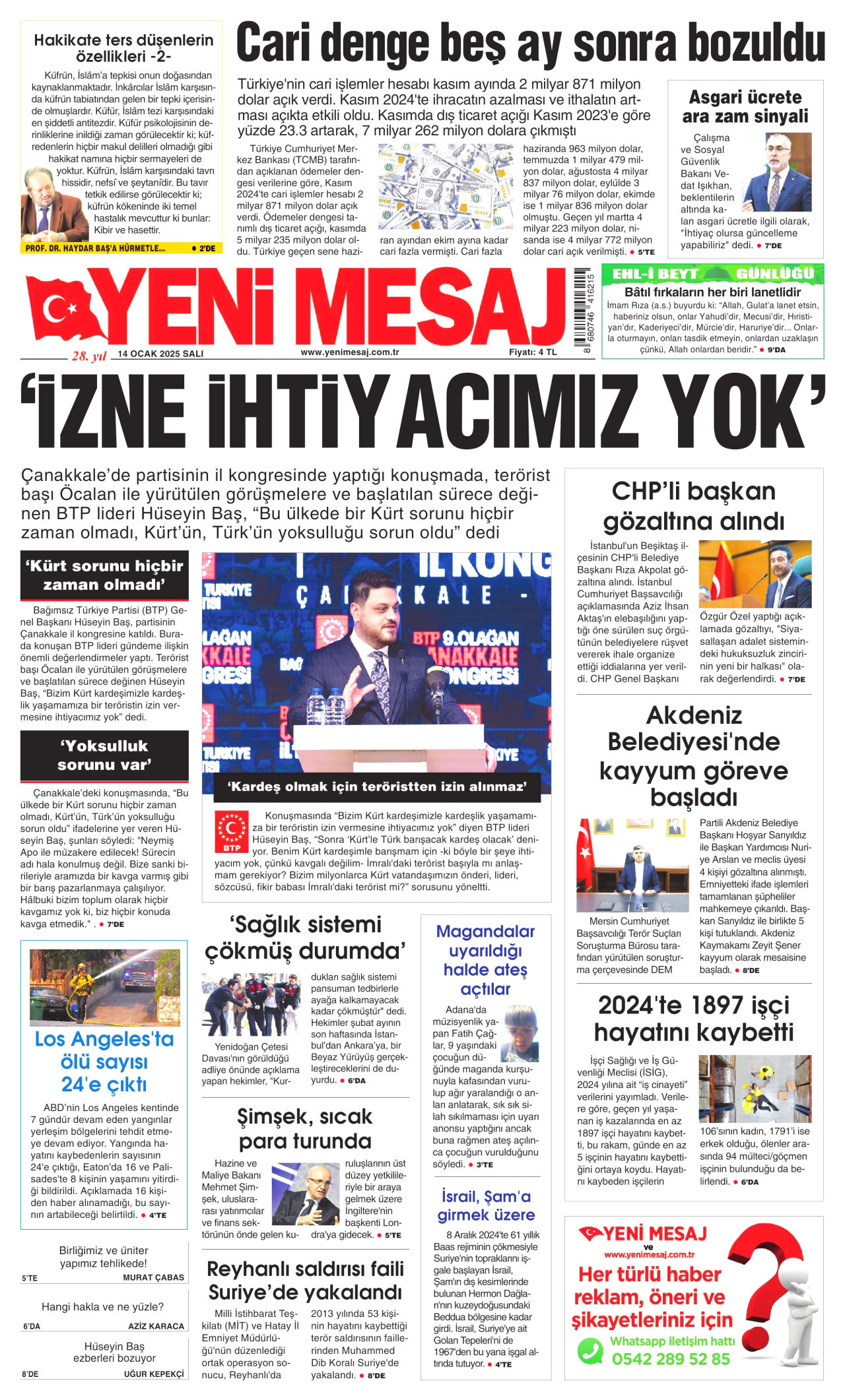 YENİ MESAJ gazetesinin 14 Ocak 2025 tarihli birinci sayfası