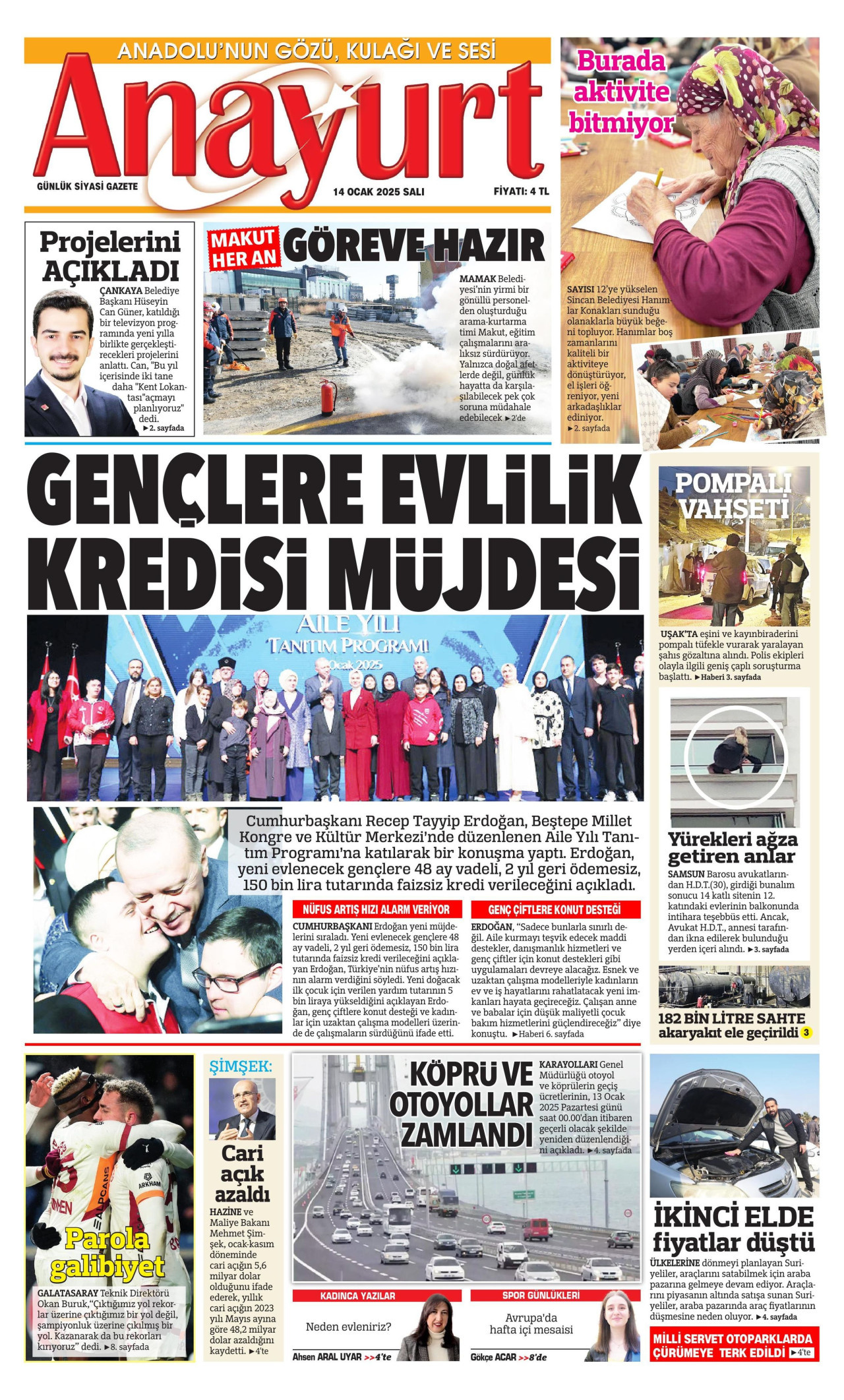 ANAYURT gazetesinin 14 Ocak 2025 tarihli birinci sayfası
