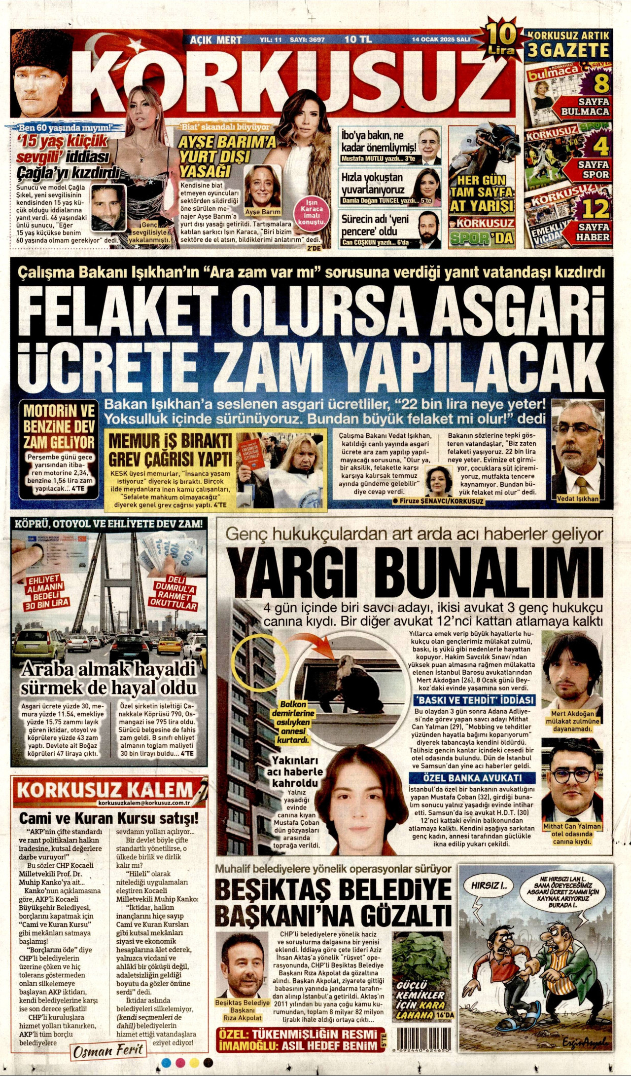 KORKUSUZ gazetesinin 14 Ocak 2025 tarihli birinci sayfası