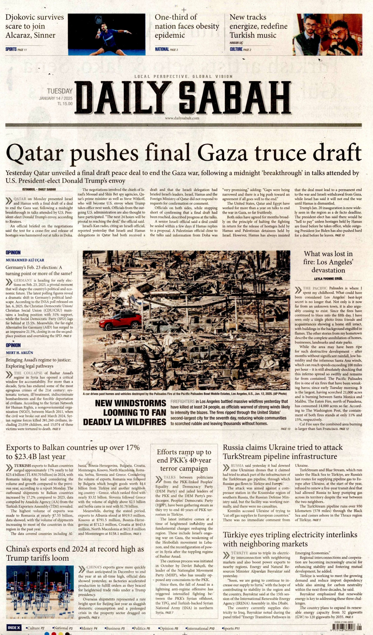 DAİLY SABAH gazetesinin 14 Ocak 2025 tarihli birinci sayfası