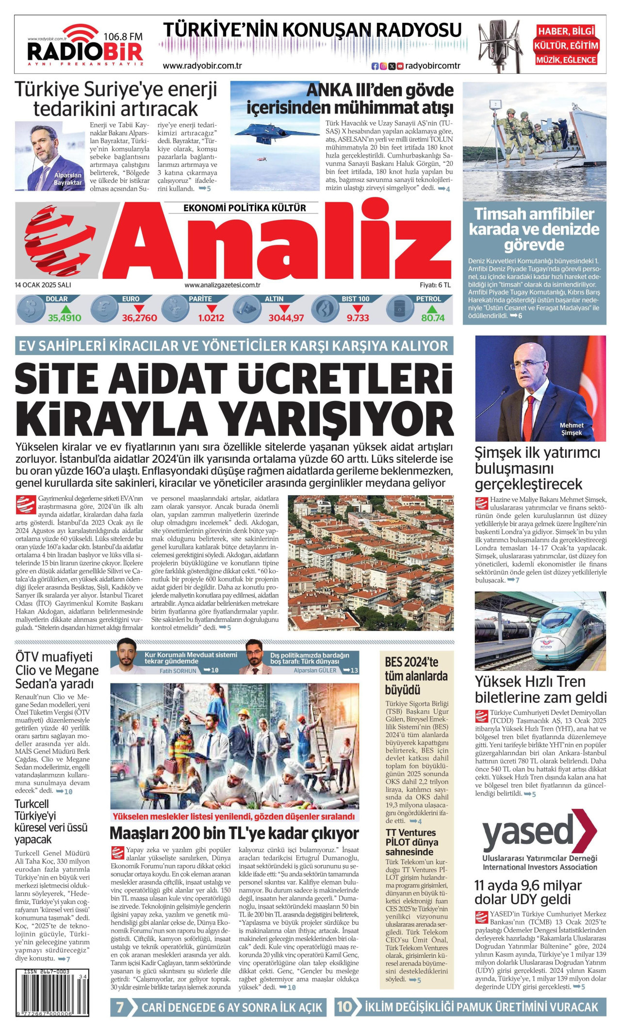 ANALİZ gazetesinin 14 Ocak 2025 tarihli birinci sayfası