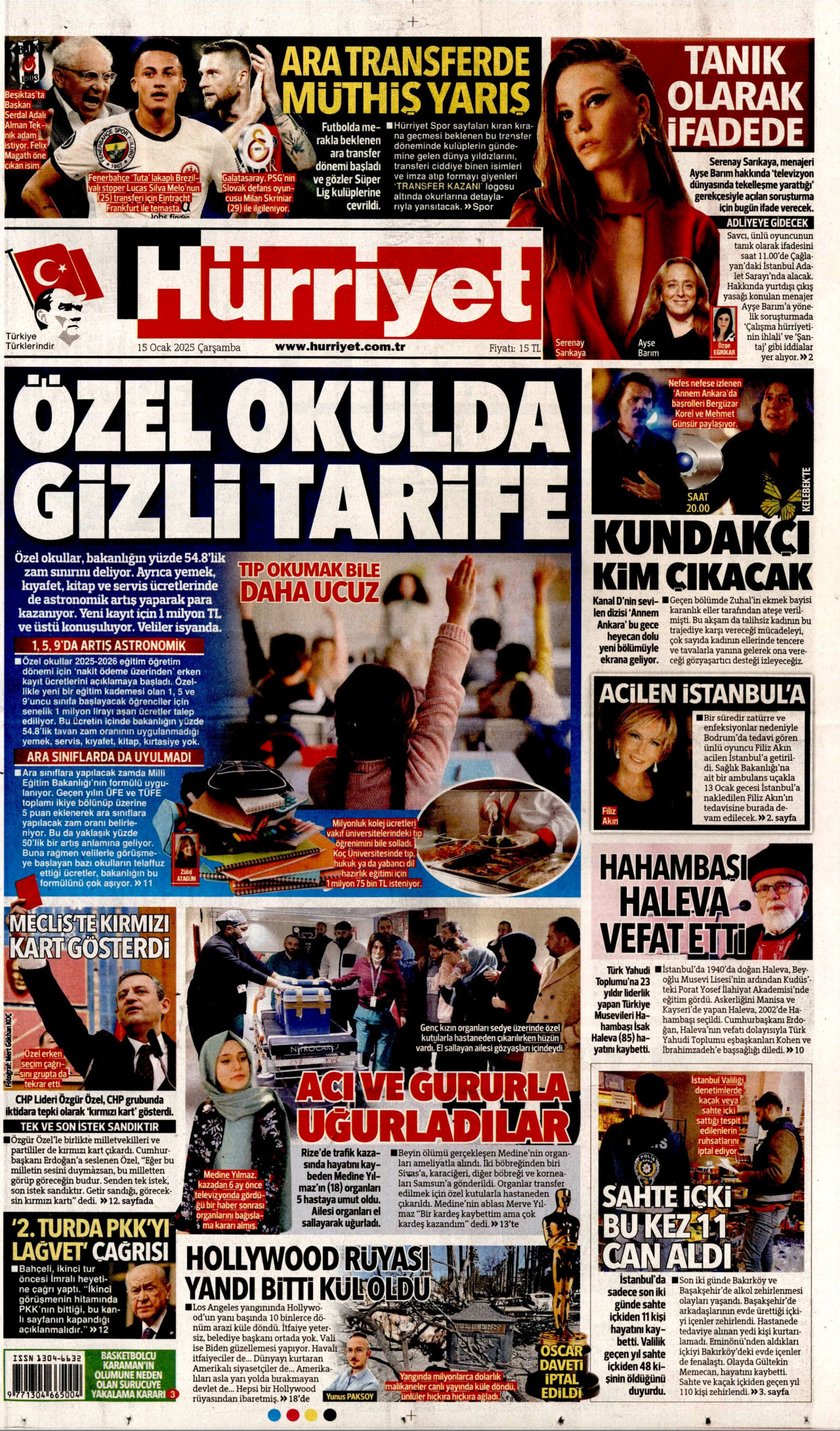HÜRRİYET gazetesinin 15 Ocak 2025 tarihli birinci sayfası