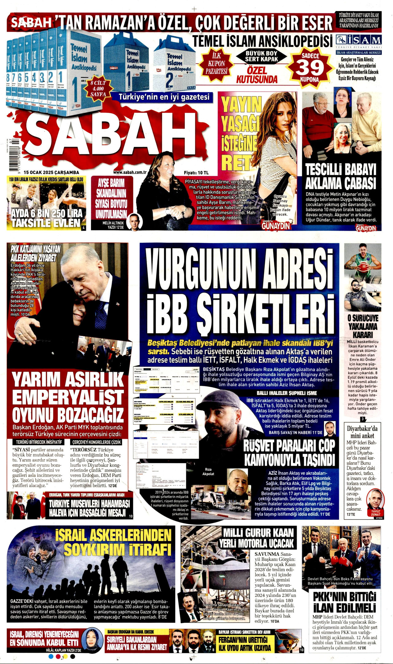 SABAH gazetesinin 15 Ocak 2025 tarihli birinci sayfası