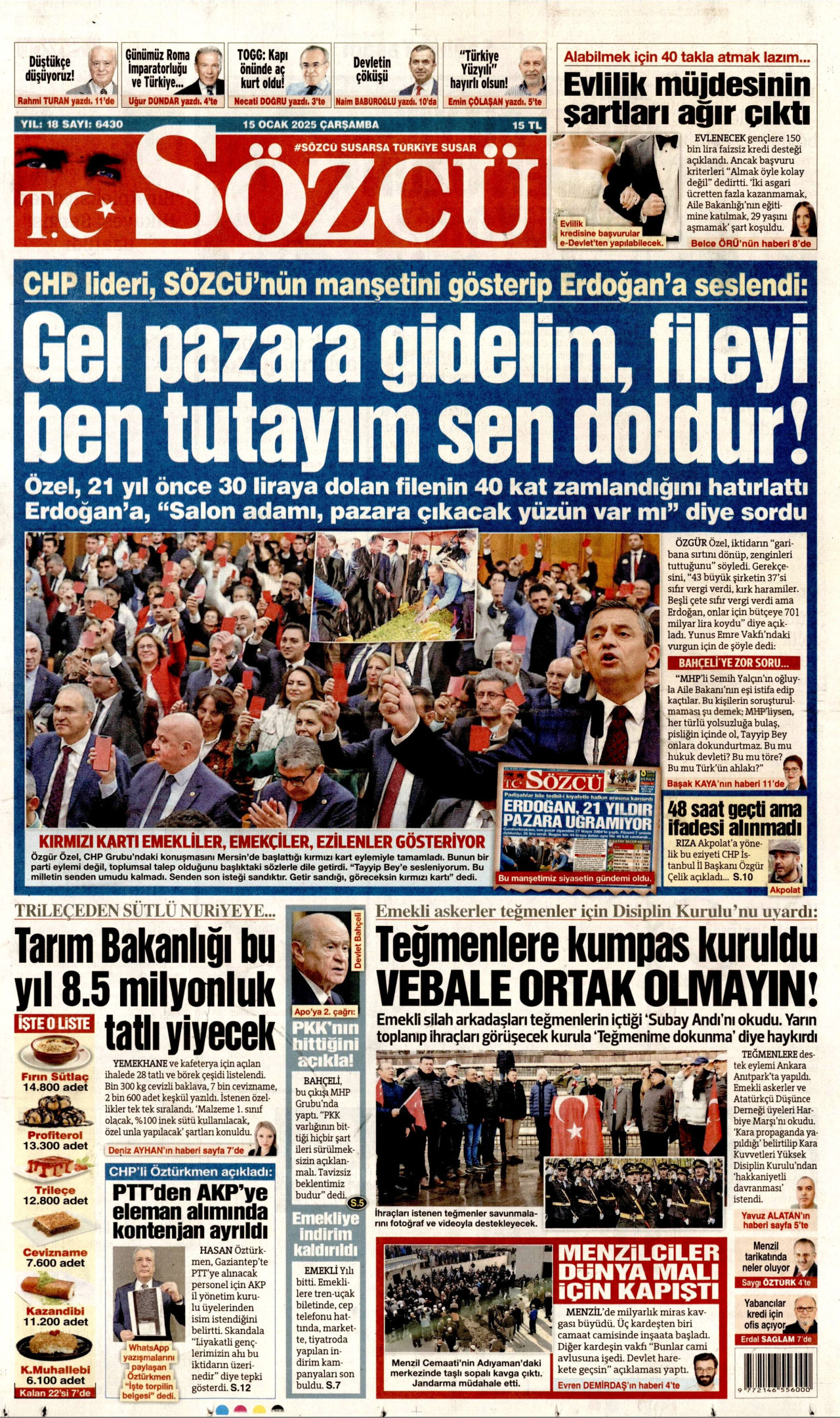 SÖZCÜ gazetesinin 15 Ocak 2025 tarihli birinci sayfası