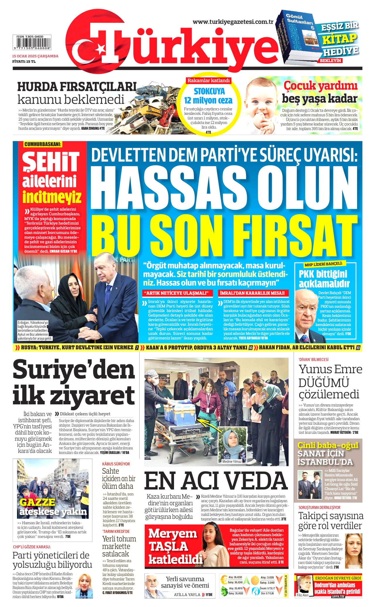TÜRKİYE GAZETESİ gazetesinin 15 Ocak 2025 tarihli birinci sayfası