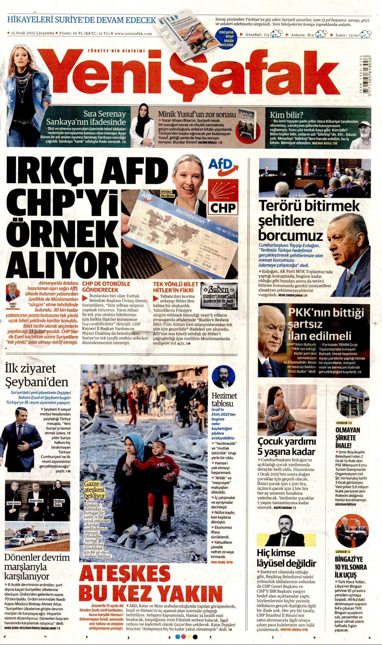 YENİ ŞAFAK gazetesinin 15 Ocak 2025 tarihli birinci sayfası
