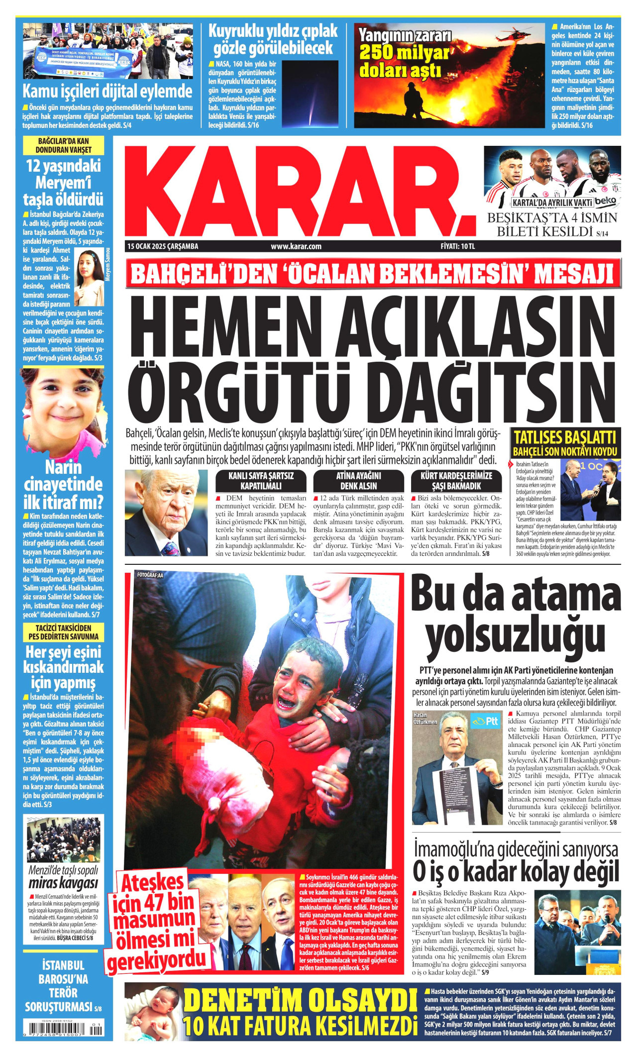 KARAR gazetesinin 15 Ocak 2025 tarihli birinci sayfası
