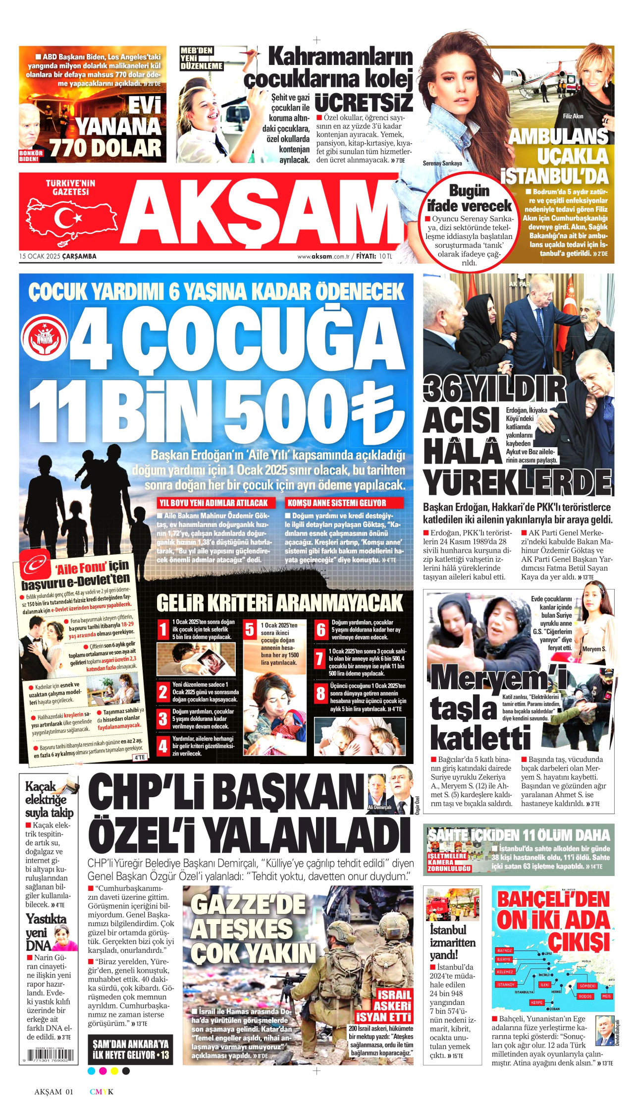 AKŞAM gazetesinin 15 Ocak 2025 tarihli birinci sayfası