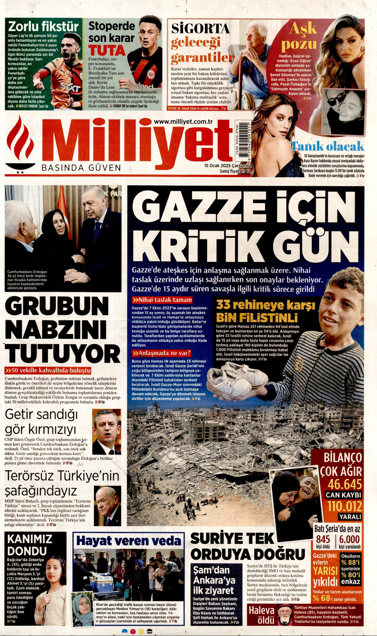 MİLLİYET gazetesinin 15 Ocak 2025 tarihli birinci sayfası